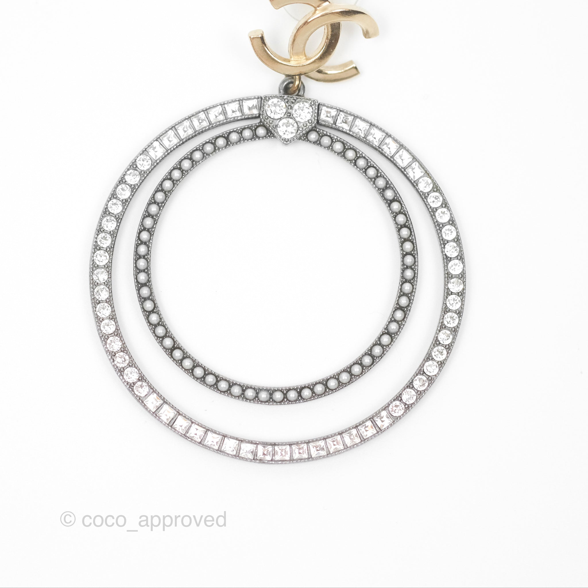 Chanel CC Circles Crystal Drop Earrings - Brushed Gold Tone & Gun Metal 20P - Luxury Fashion Jewelry for Women, Perfect for Parties, Weddings & Special Occasions