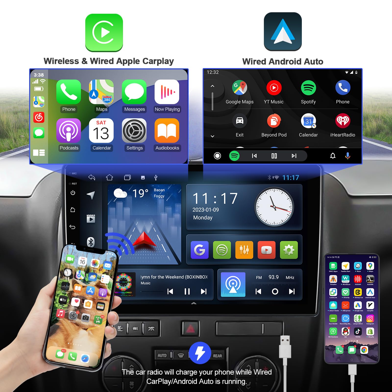 2+32GB Aumume 10.1 Inch Android 10 Double Din Car Stereo with IPS Touchscreen - Apple CarPlay & Android Auto Support, Backup Camera, GPS Navigation, FM Bluetooth - Compatible with Chevrolet/GMC/Buick - Perfect for Road Trips & Daily Commuting