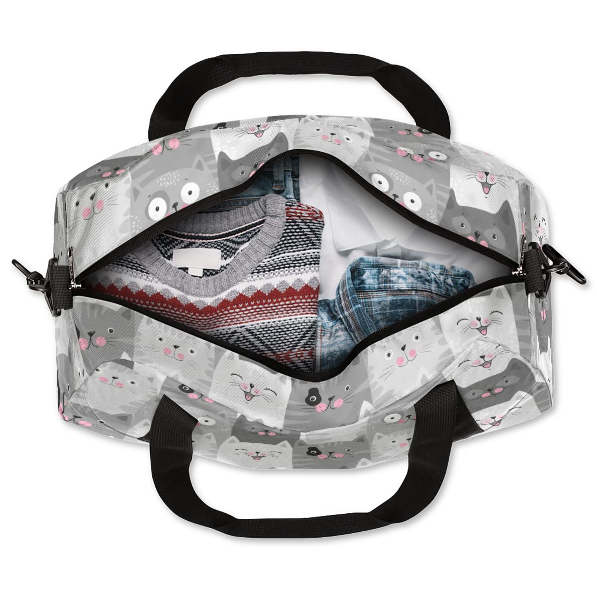 Cat Duffle Bag for Kids - Cute Lightweight Water Resistant Foldable Animal Gym Bag, Grey Dance Weekender Overnight Carry On Travel Bag for School, Sports, Gym, Camping & Beach Trips - Perfect for Sleepovers, Dance Classes, and Weekend Getaways