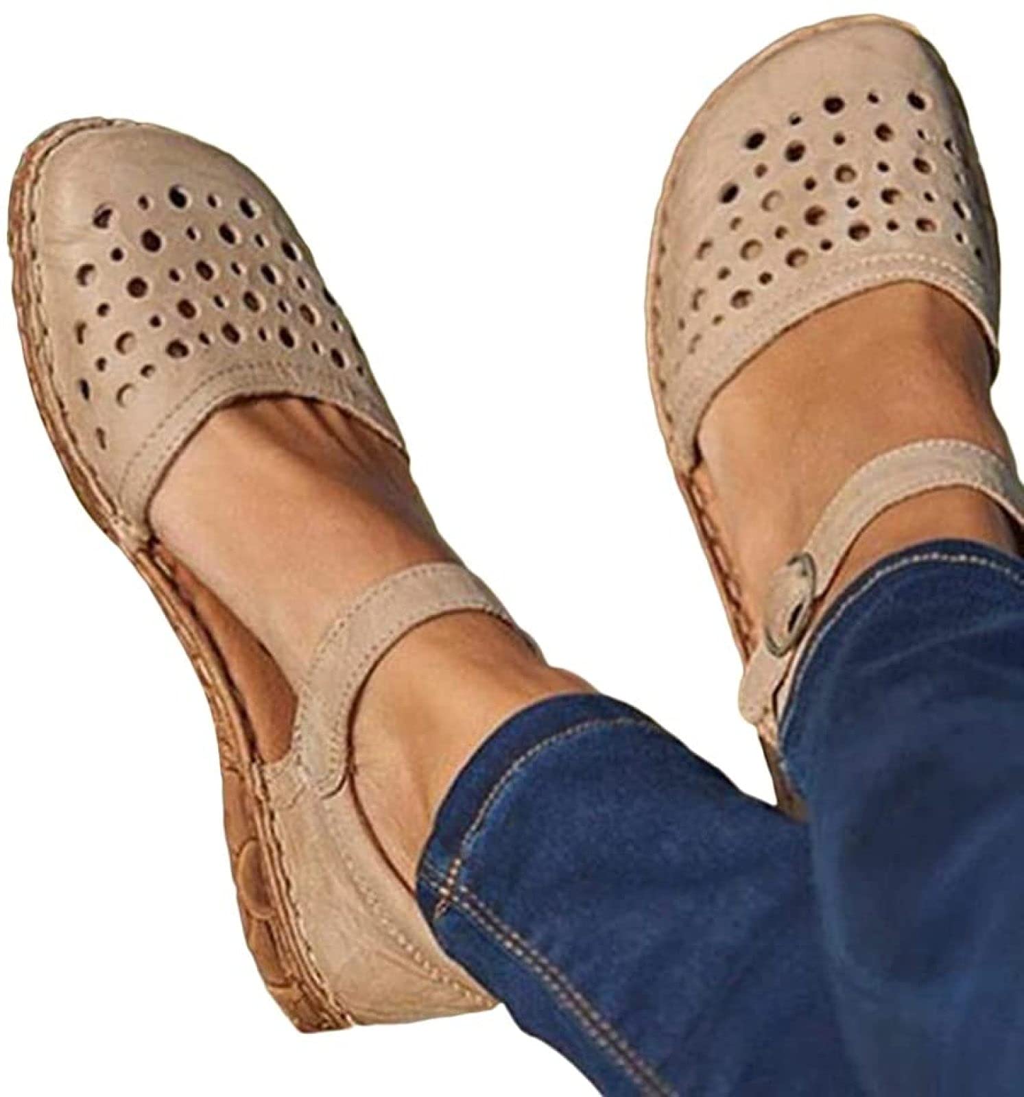 QAZW Women's Summer Flat Sandals - Vintage Hollow Round Toe Loafers - Comfortable Beach Shoes for Women - Beige Size 35 | Perfect for Casual Outings, Vacations & Beach Wear