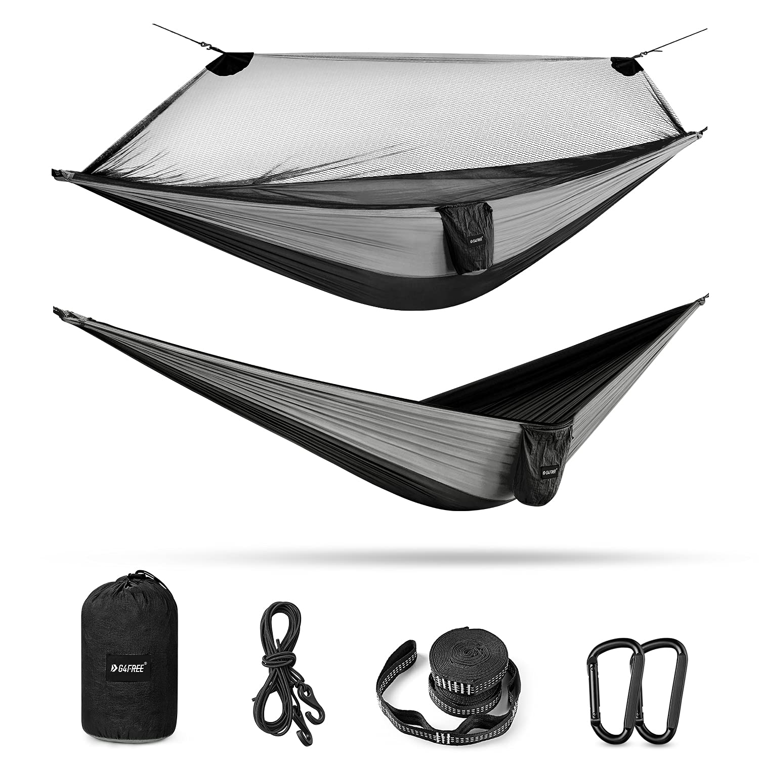 G4Free 2-Person Large Camping Hammock with Mosquito Net - Lightweight Pop-Up Parachute Hammock with Tree Straps for Outdoor Backpacking, Hiking, Backyard Relaxation & Travel Adventures