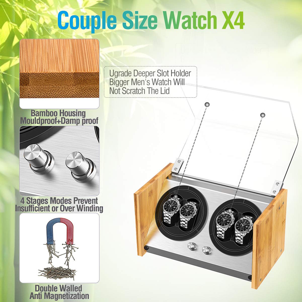 Premium Watch Winder for 4 Automatic Watches - Bamboo Wooden Storage Box with Ultra Quiet Japanese Motor | 4 Rotation Modes & Timer Settings | Perfect for Watch Collectors & Luxury Timepiece Storage (Home/Office/Travel Use)