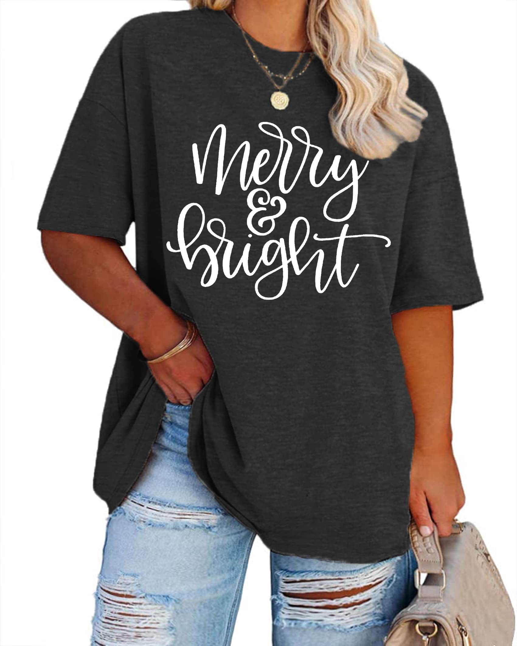 **Merry and Bright Christmas Plus Size Shirt for Women - Oversized Holiday Tee, Festive Fall Tops - Perfect for Holiday Parties, Family Gatherings & Cozy Winter Outfits**