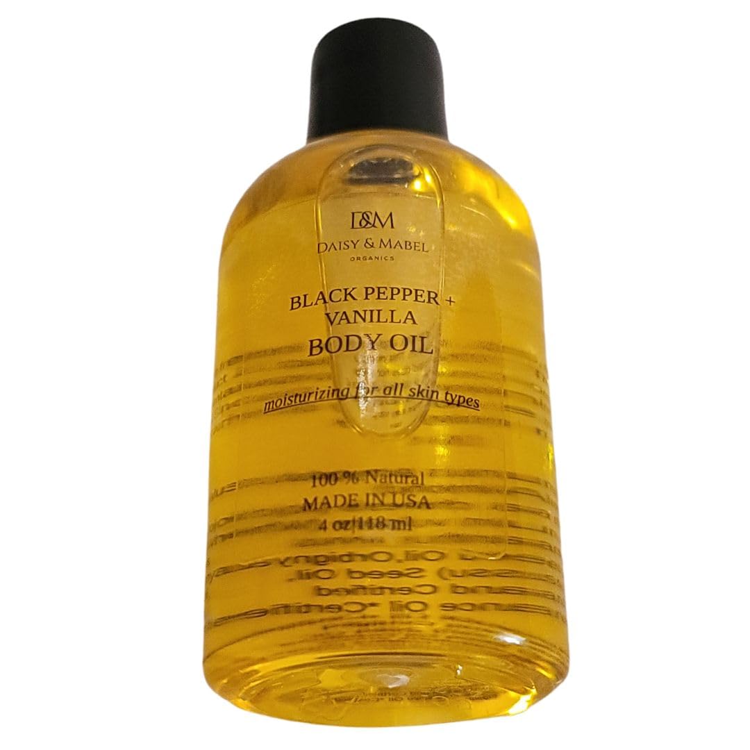 Vanilla Black Pepper Body Oil - 4 Oz All Natural Dry Skin Moisturizer for Men & Women with Jojoba & Sweet Almond Oils | Daisy & Mabel Organics | Perfect for Massage, Aromatherapy & Daily Hydration
