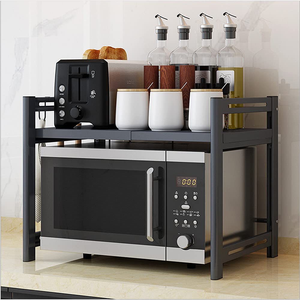 Expandable Microwave Oven Rack - 2 Tier Horizontal Extension Shelf with 3 Hooks, Space Saving Kitchen Counter Organizer for Microwave, Spice Jars & Utensils | Perfect for Small Kitchens & Countertop Storage