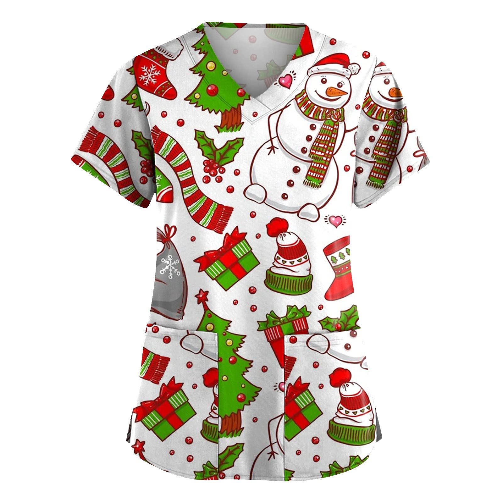 Women's Christmas Short Sleeve V-Neck Printed Blouse with Pockets - Trendy Holiday Uniform Shirt 2022 | Perfect for Office, Party & Festive Gatherings