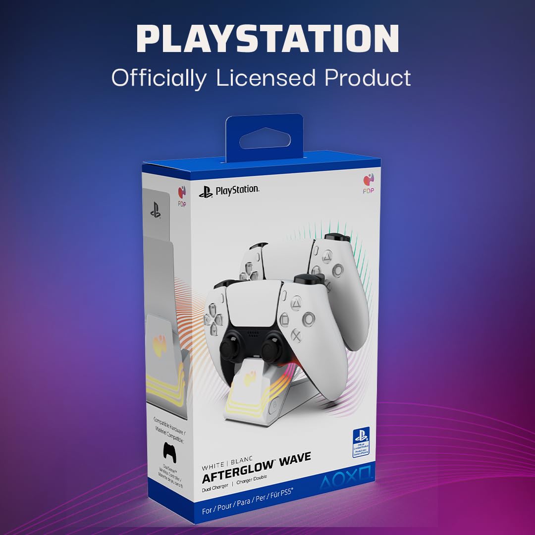 PDP PS5 Afterglow Wave Dual Controller Charger Station - White | Fast Charging Dock for PlayStation 5 Controllers | Perfect for Gaming Sessions & Multiplayer Setups