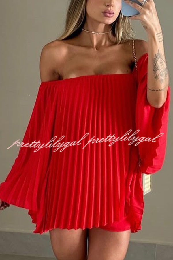 Off Shoulder Pleated Loose Top with Elastic Waist Shorts Set - Women's Summer Casual Outfit for Beach, Vacation & Date Night