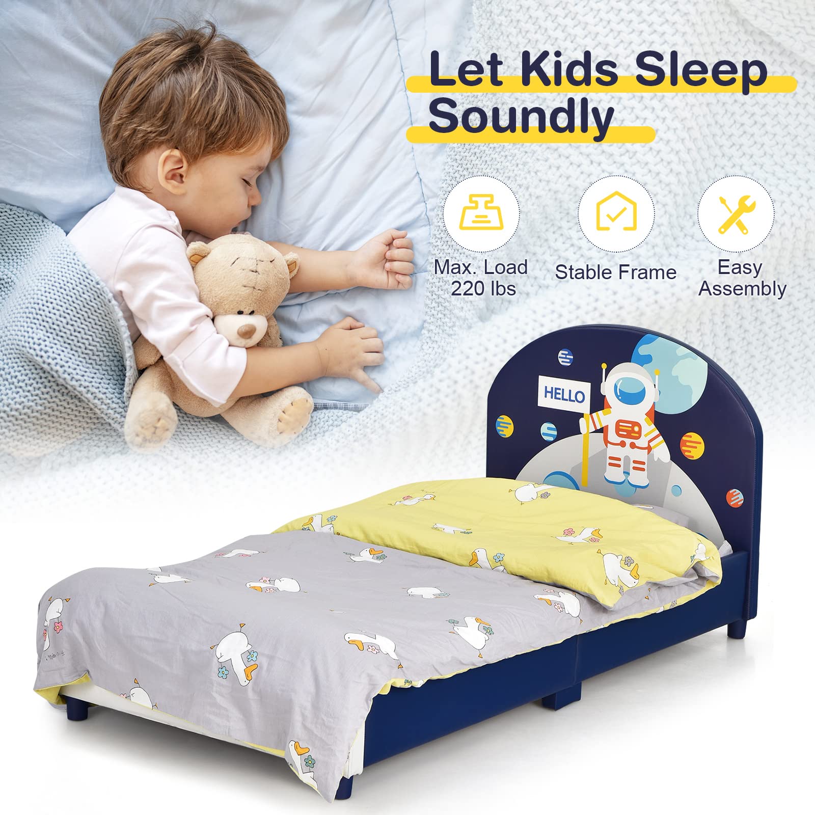 HONEY JOY Twin Bed Frame for Kids - Sturdy Wooden Platform Bed with Headboard & Slat Support, No Box Spring Required - Space Themed Children's Bedroom Furniture for Boys & Girls (Fits Standard Twin Mattress) - Perfect for Small Bedrooms, Daycare Centers & Sleepovers