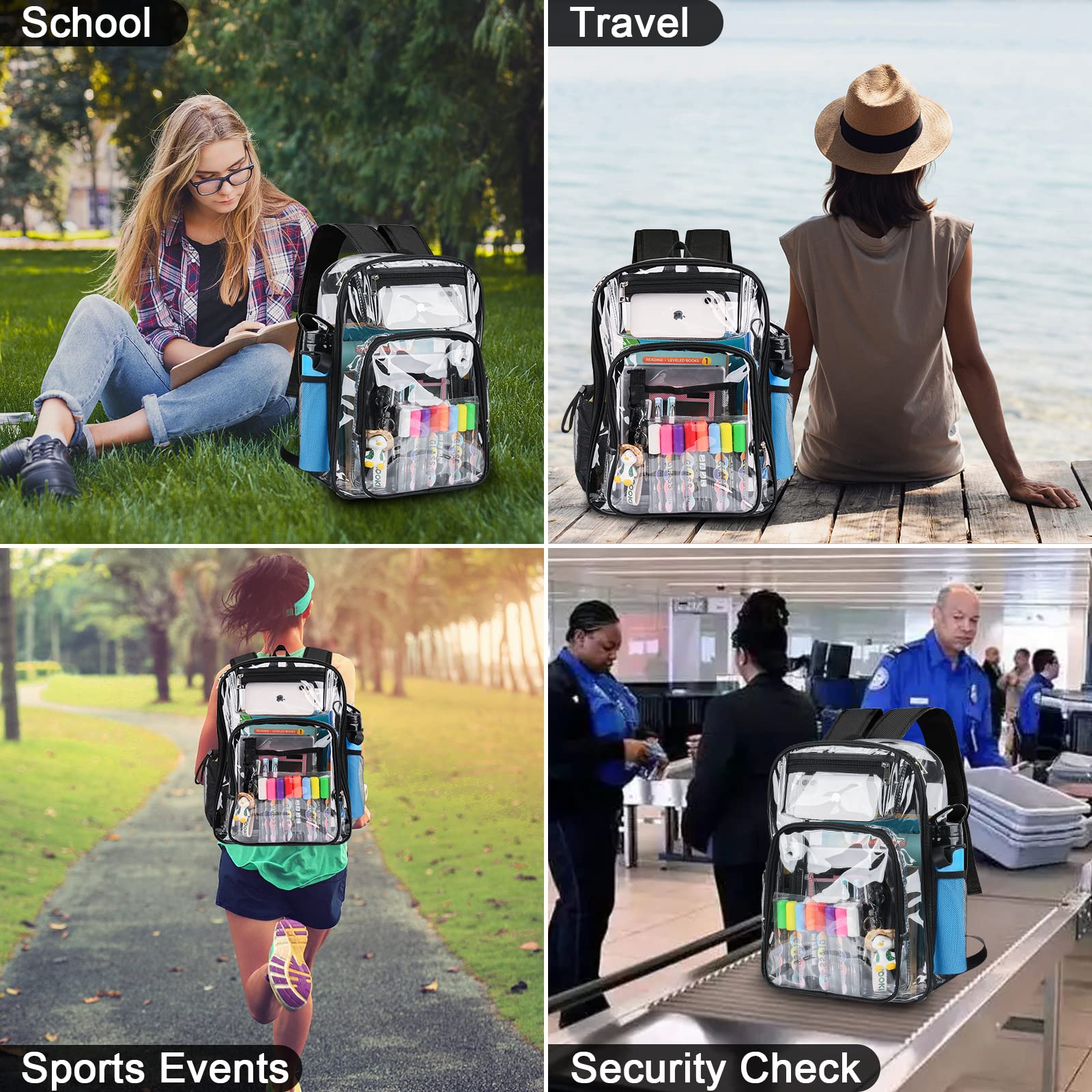 AnSun Clear PVC Backpack - Large Heavy Duty Transparent Bookbag for School, Work, Travel & Sports - Reinforced Shoulder Straps for Kids & Adults - Ideal for Airport Security, Concerts & Stadium Events (Carbon Black)
