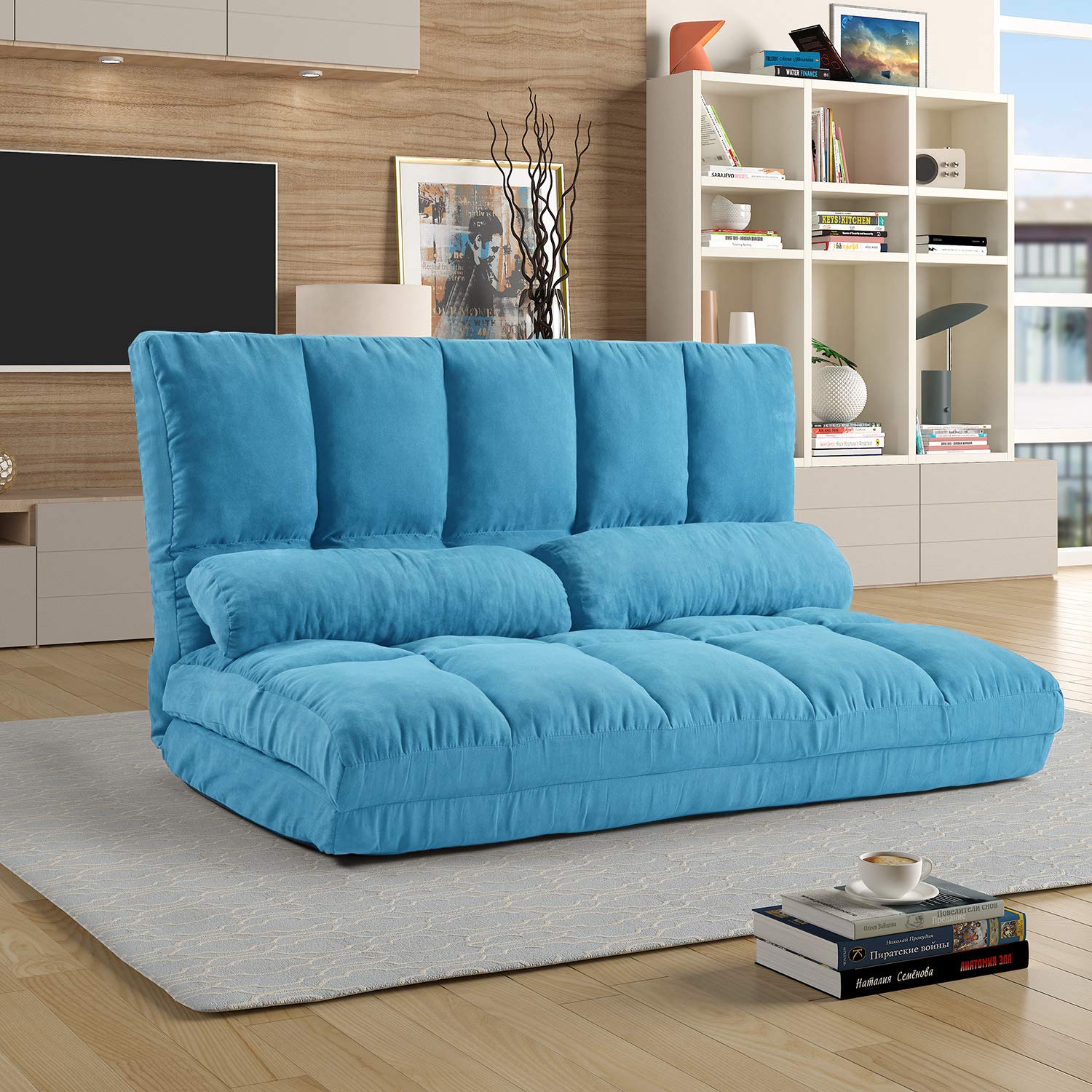 LZ LEISURE ZONE Adjustable Foldable Sofa Bed - Convertible Floor Couch with 2 Pillows for Living Room, Bedroom & Gaming (Blue) | Perfect for Small Spaces, Lounging & Sleepovers