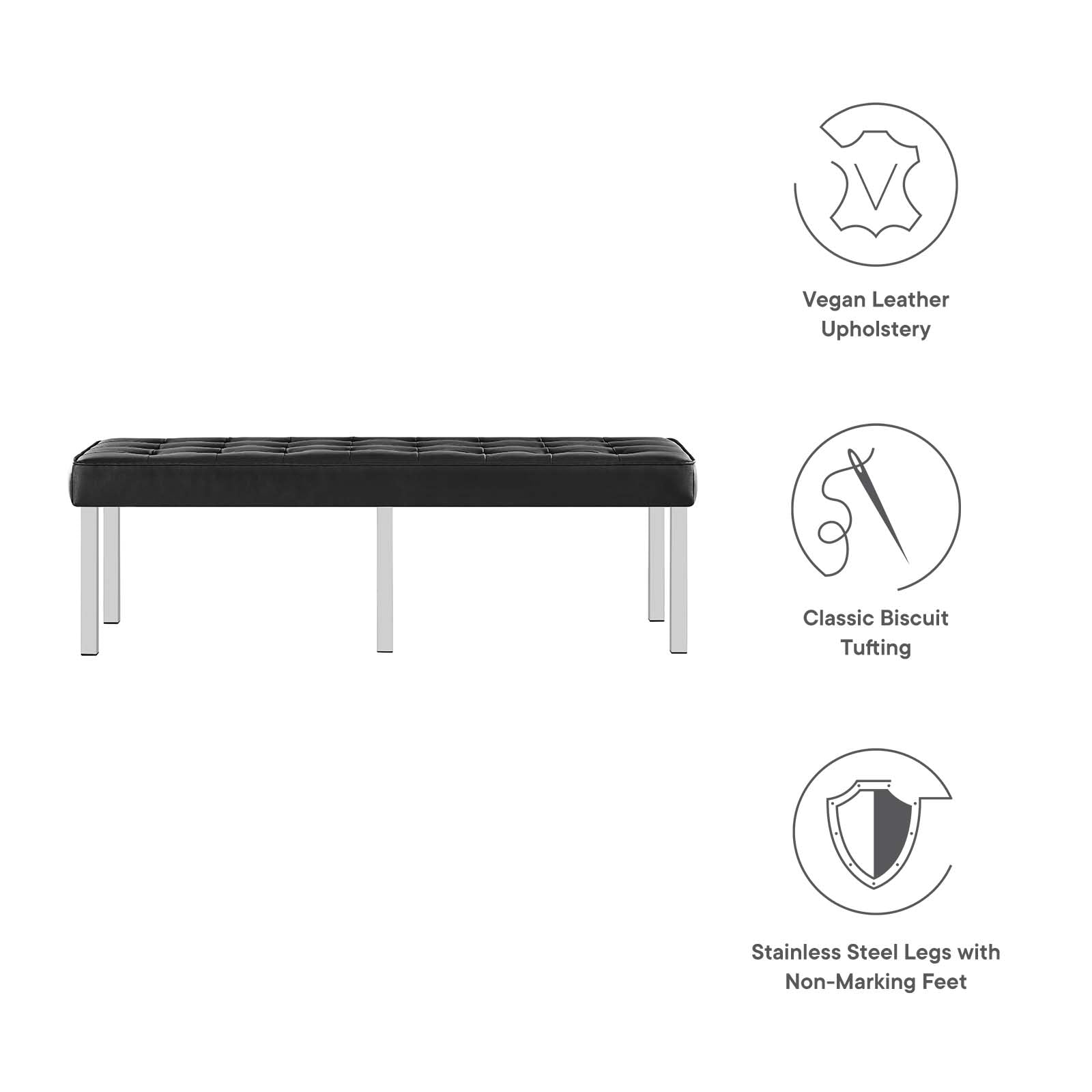 Modern Accent Chair Bench for Living Room - Faux Leather Upholstery with Metal Steel Frame in Black & Silver | Perfect for Lounge, Reading Nook, or Bedroom Seating