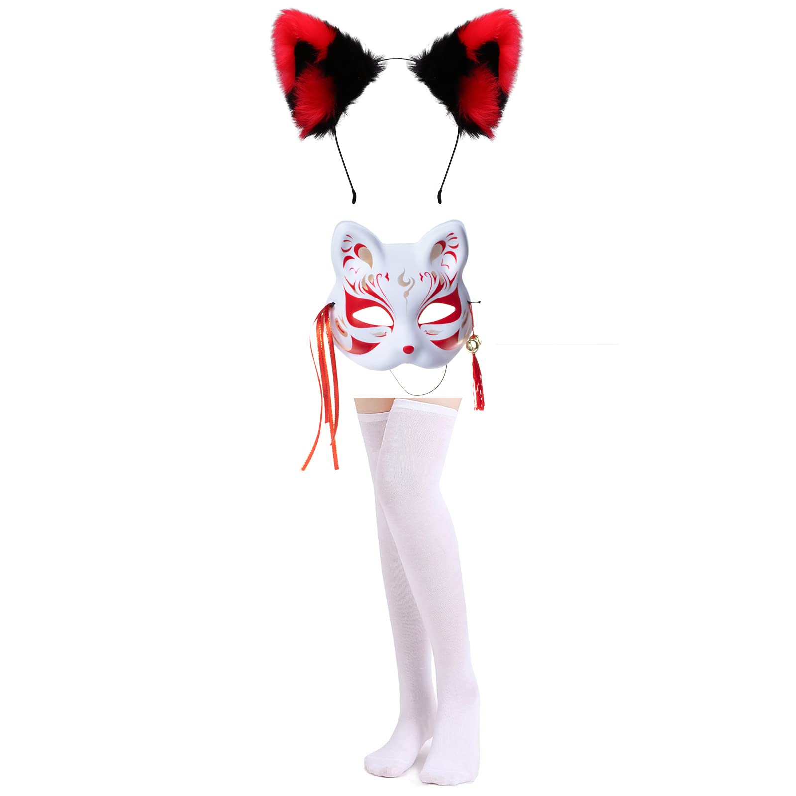 Japanese Anime Red and White Fox Kimono Cosplay Costume Set with Tabi Socks - Perfect for Halloween, Cosplay Events, Anime Conventions, and Themed Parties