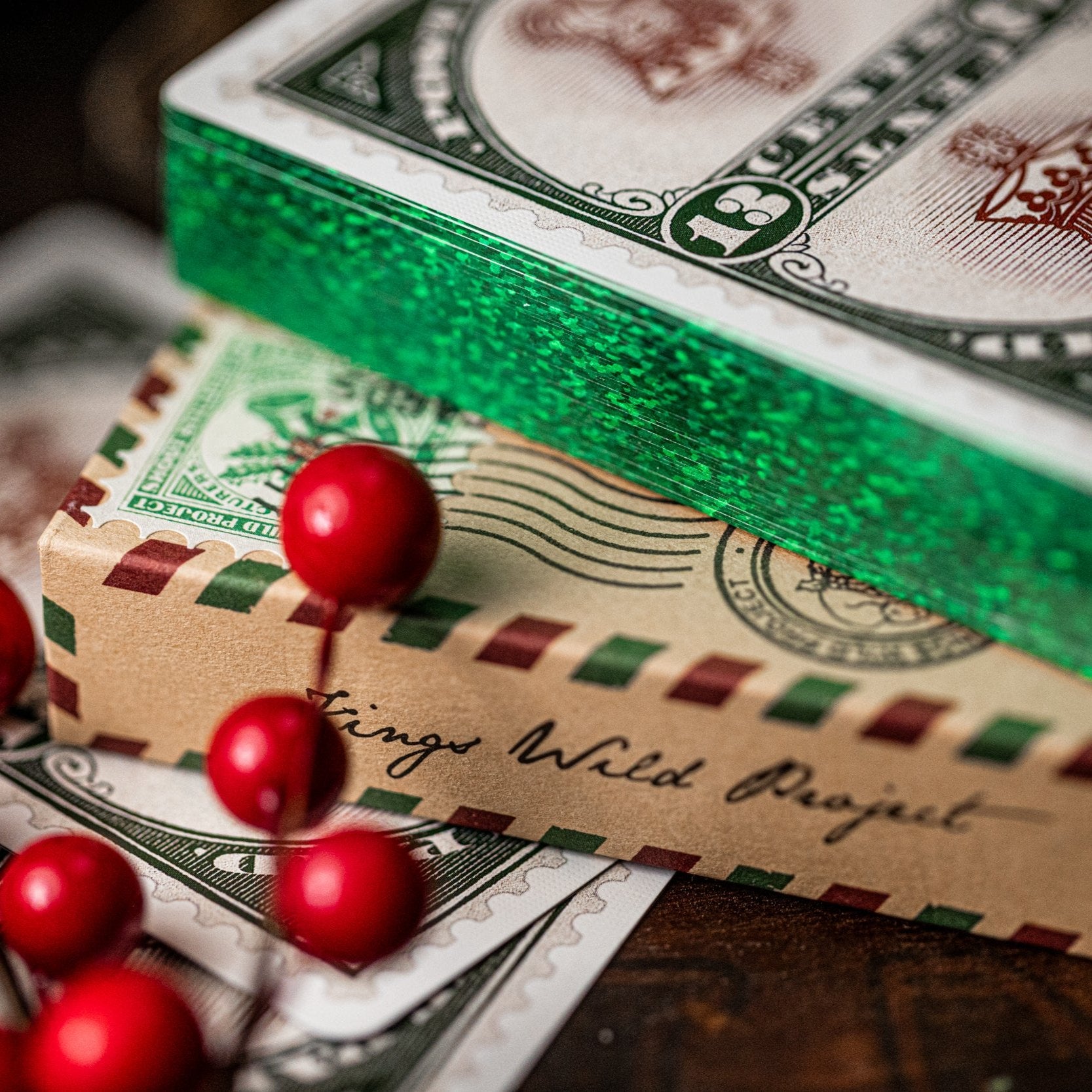 Paid Postage Christmas Cards - Elegant Green Gilded Holiday Greeting Cards for Festive Season Mailing