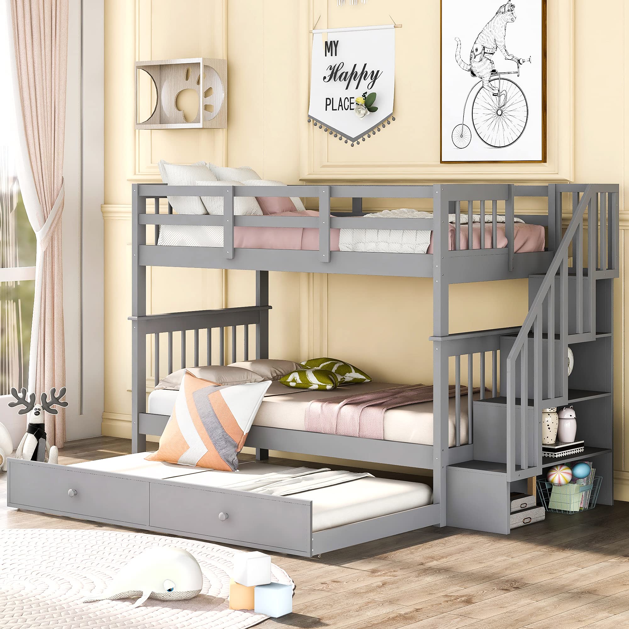 Twin Over Twin Bunk Bed with Trundle & 4-Step Storage Staircase - Safety Guard Rail Included - Space-Saving Bedroom Solution for Kids, Teens, Dorm Rooms & Small Spaces - No Box Spring Required - Perfect for Sleepovers, Guest Rooms & Shared Bedrooms