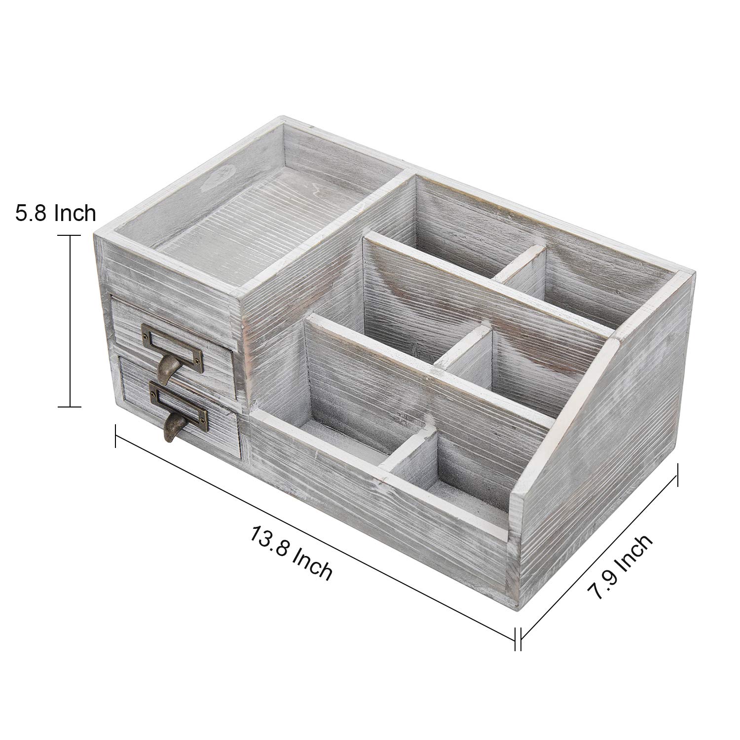 Distressed Rustic Wooden Office Desktop Organizer - 2-Tier Drawer Shelf with Multiple Compartments for Jewelry Storage | Perfect for Desk, Vanity & Home Organization | Gray Finish | Ideal for Office Supplies, Makeup Display & Small Item Storage