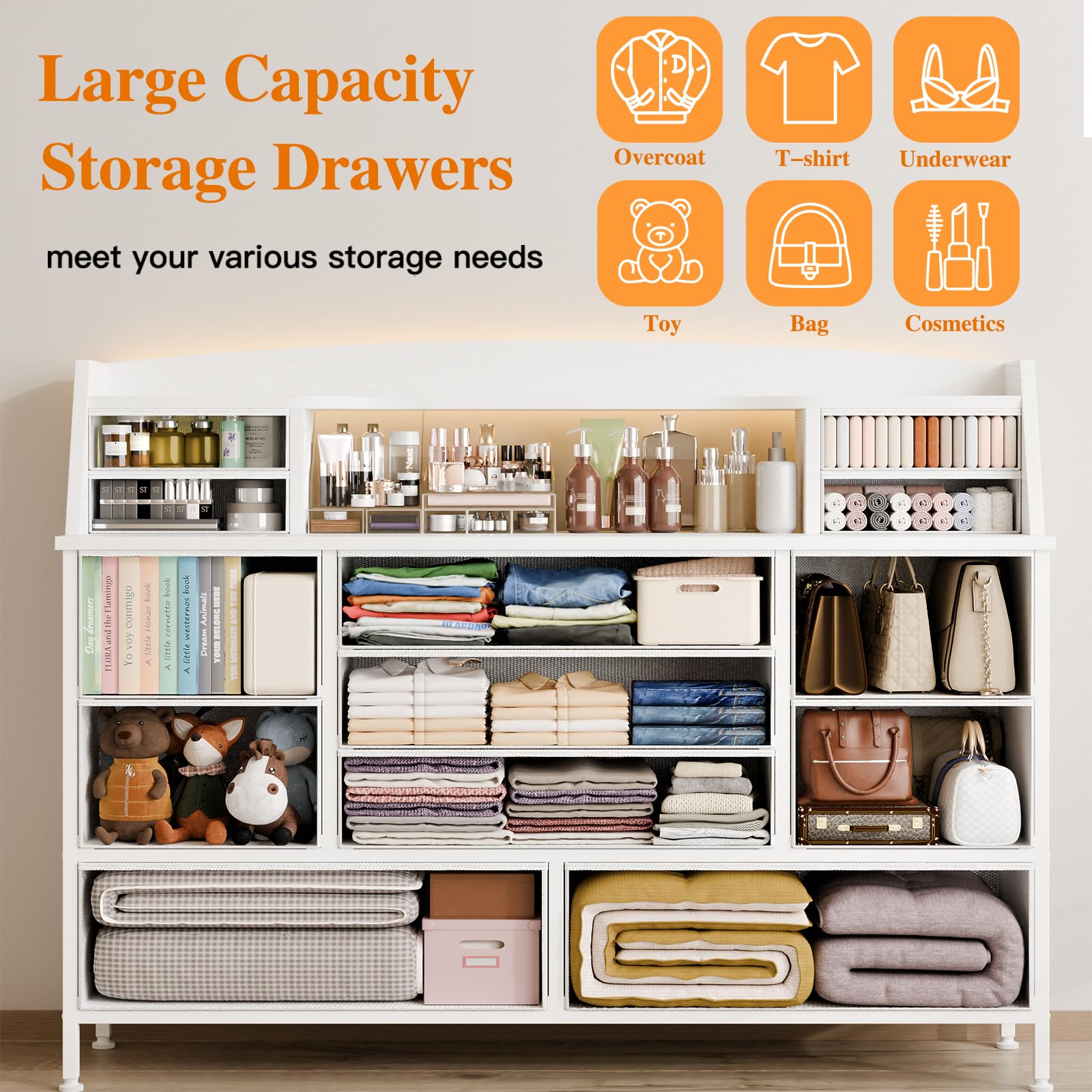 White 13-Drawer Fabric Dresser with PU Finish - Versatile Storage for Bedroom, Nursery, Living Room, Closet & Hallway | Perfect for Kids, Girls & Adults | Space-Saving Organizer for Clothes, Toys & Home Essentials