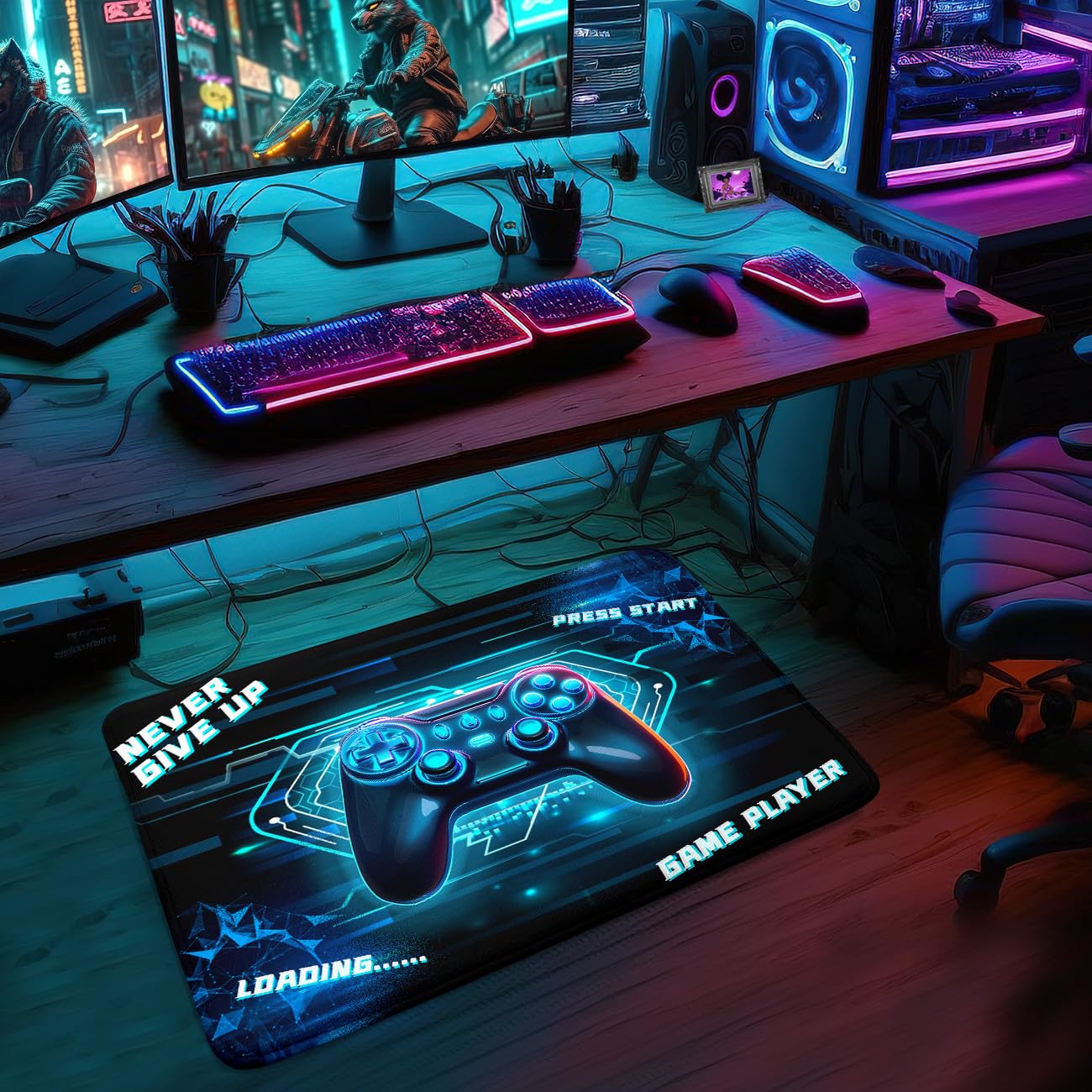 3D Gamepad Controller Gamer Area Rug - Blue Boys Kids Room Floor Mat for Living Room, Teen Game Player, Home Decor - 35