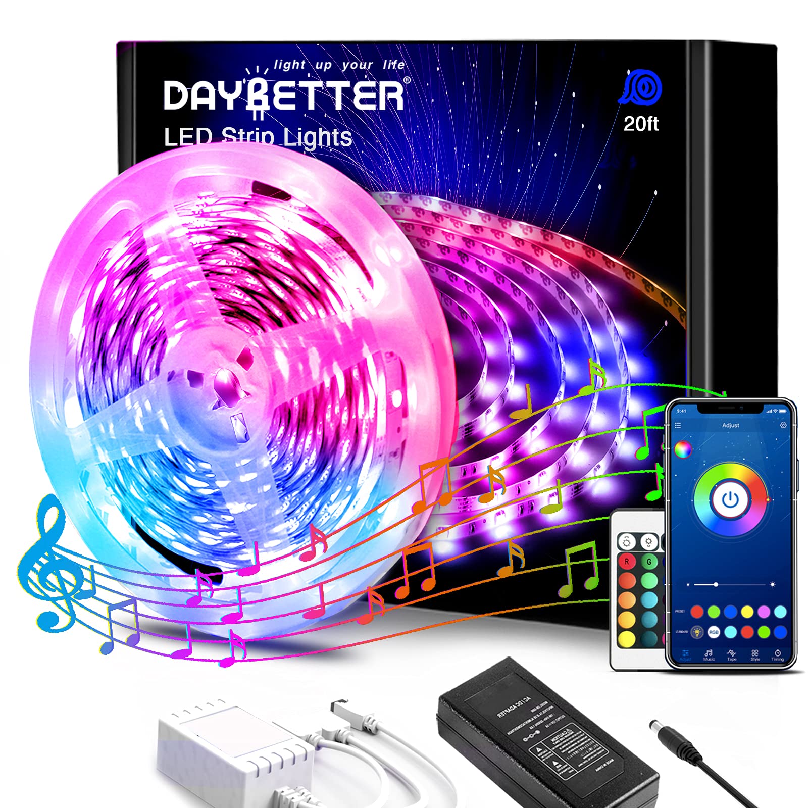 DAYBETTER 20ft LED Strip Lights - RGB Color Changing 5050 LED Lights for Bedroom Decor, Room Party Lighting | Perfect for Home Decoration, Gaming Setup & Mood Lighting