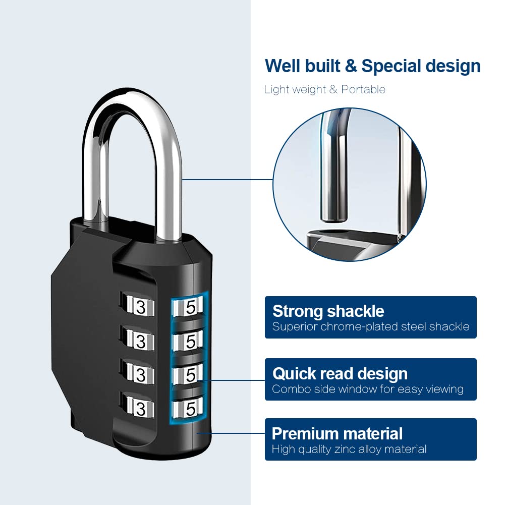 2 Pack Resettable 4-Digit Combination Padlock - Keyless, Waterproof & Durable Black Combo Lock for Gym Lockers, School Lockers, Doors, Tool Boxes, Storage Cabinets, Garden Gates & Outdoor Use
