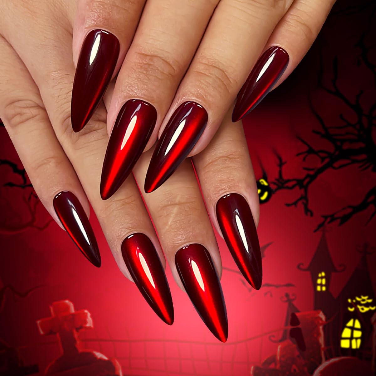 Yivaiks Red Vampire Halloween Cat Eye Press on Nails - Long Stiletto Acrylic Fake Nails with Glue & Glitter - 24pcs Holographic Artificial Nail Kit for Parties, Cosplay & Halloween Costume Accessories