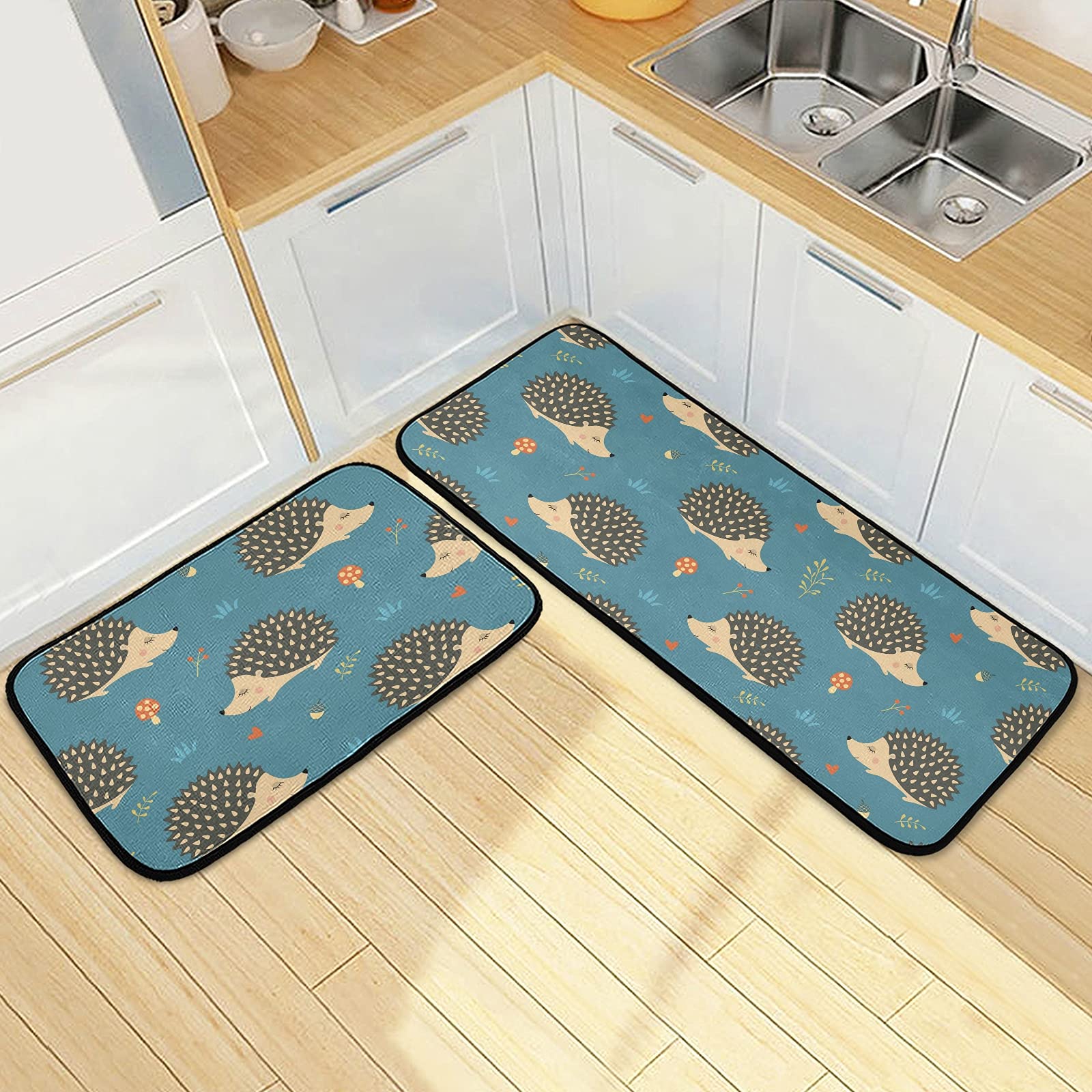 Non-Slip Washable Hedgehog Kitchen Mat Set of 2 - Cushioned Memory Foam Rugs for Standing Comfort at Sink, Office Desk - Anti-Fatigue Floor Mats for Kitchen, Laundry Room & Home Decor
