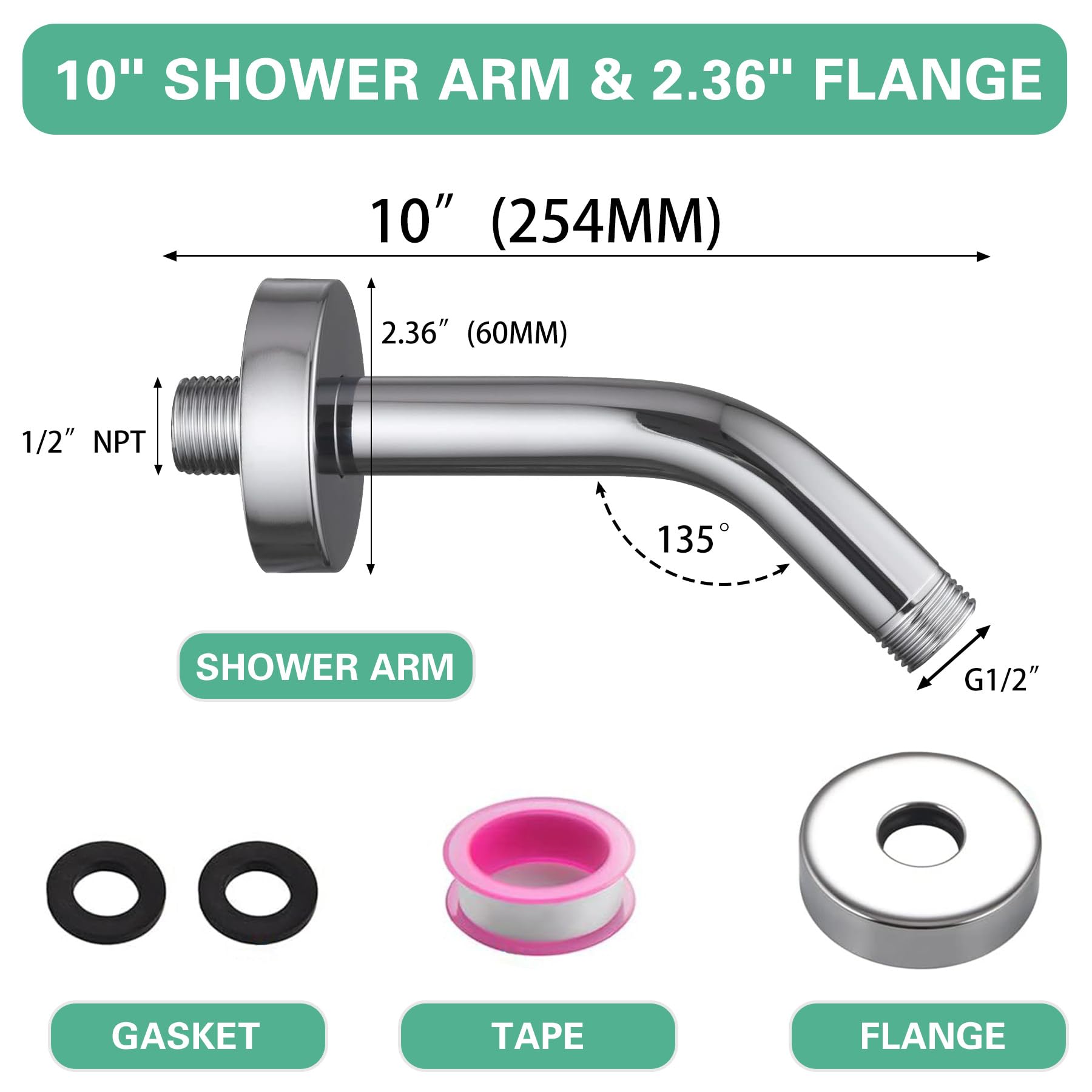 Enoughtmen 10 Inch Stainless Steel Shower Arm with Flange & Tape - Chrome Wall-Mounted Shower Head Extension for Fixed Shower Heads | Perfect for Bathroom Renovation & Space-Saving Shower Solutions