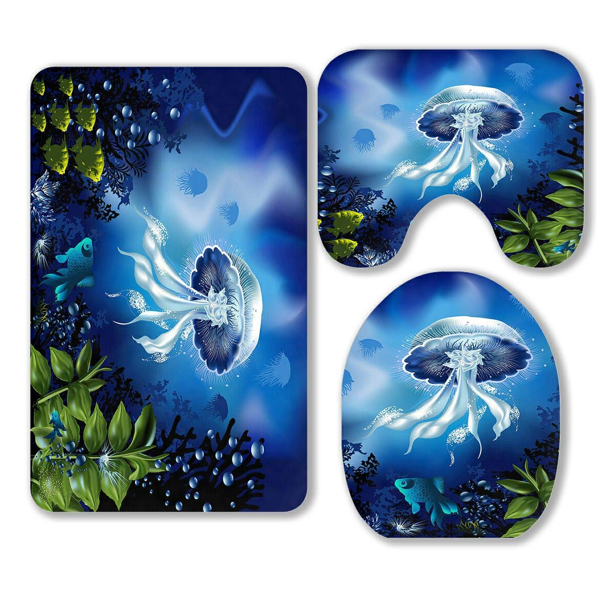 ABPHQTO 3-Piece Bathroom Rug Set - Non-Slip Underwater World Fish Jellyfish Plants Bath Mat, Contour Rug & Toilet Cover - Soft Absorbent for Bathroom, Laundry Room, Kids Room Decor