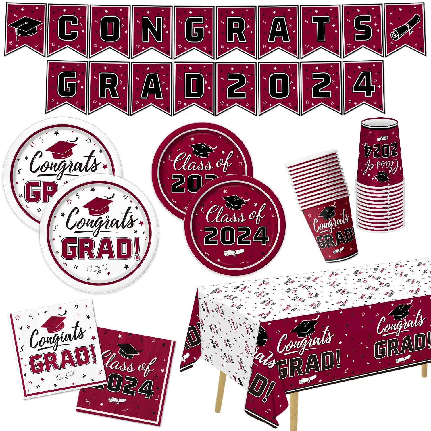 2024 Graduation Party Supplies Set - Maroon Class of 2024 Decorations with Disposable Plates, Napkins, Cups & Tablecloth for 25 Guests | Perfect for Graduation Ceremony, Open House & College Send-off Parties