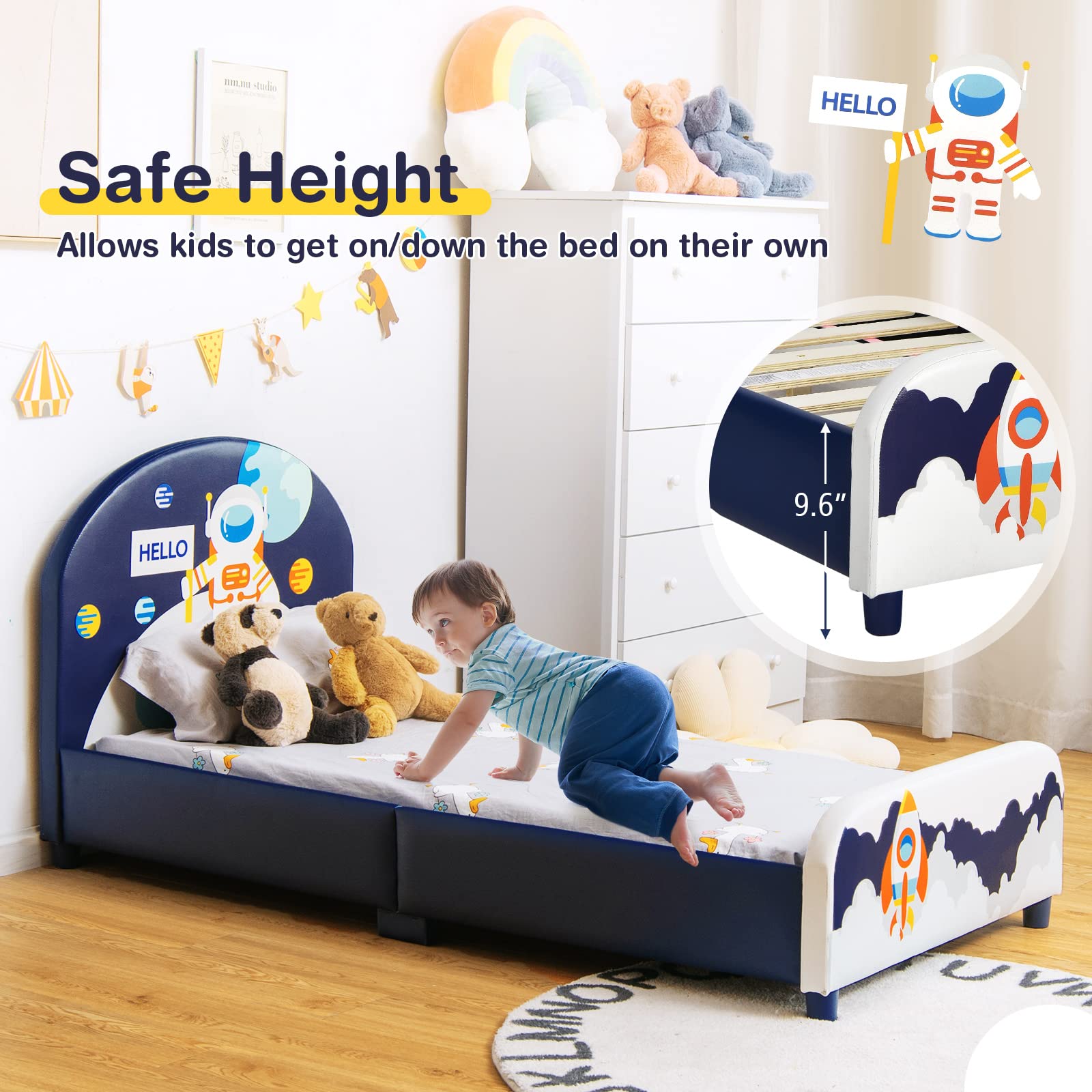 HONEY JOY Twin Bed Frame for Kids - Sturdy Wooden Platform Bed with Headboard & Slat Support, No Box Spring Required - Space Themed Children's Bedroom Furniture for Boys & Girls (Fits Standard Twin Mattress) - Perfect for Small Bedrooms, Daycare Centers & Sleepovers