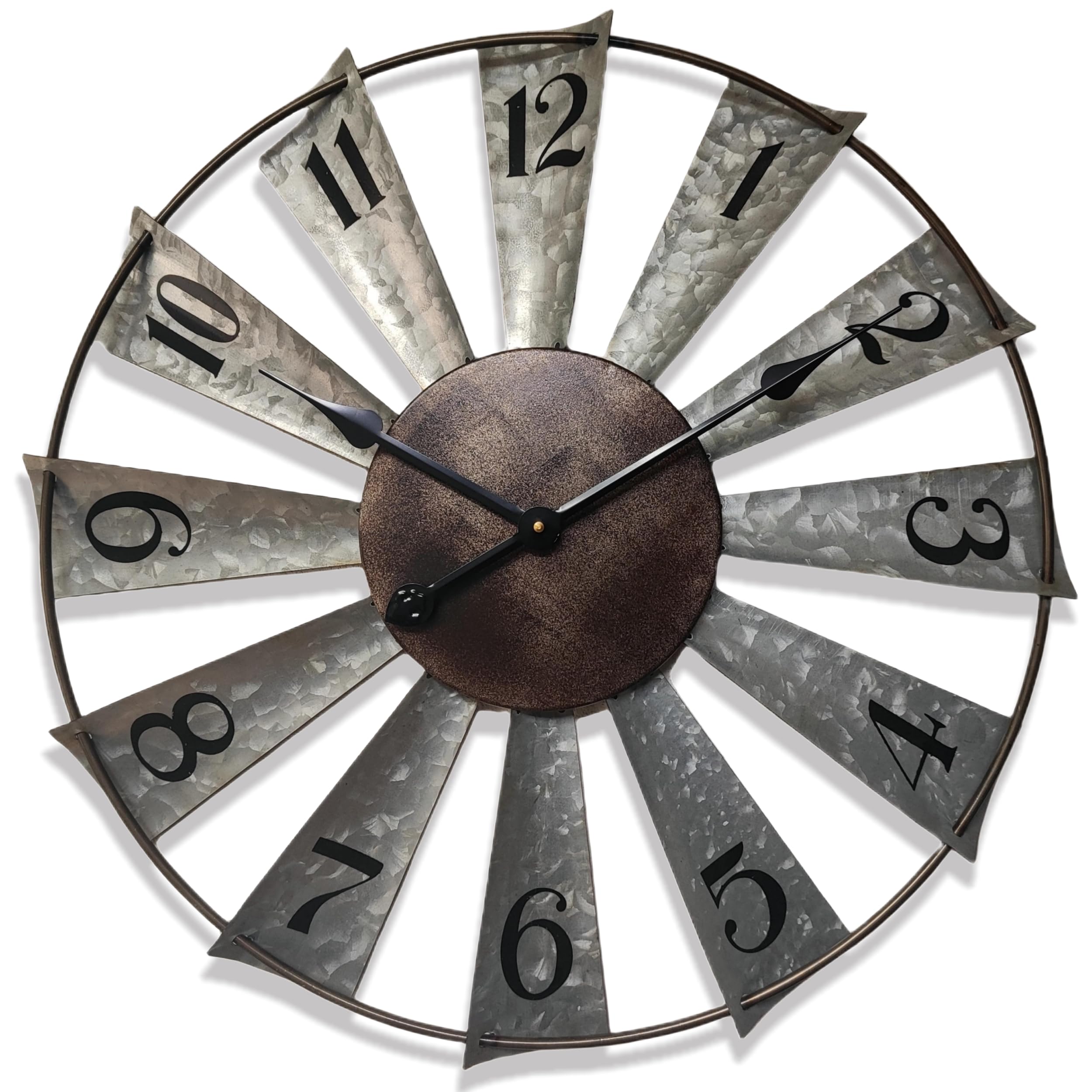 24 Inch Modern Farmhouse Wall Clock - Large Metal Windmill Design for Indoor & Outdoor Use - Rustic Galvanized Metal Decor with Distressed Finish - Perfect for Living Room, Kitchen, Patio or Office Decor