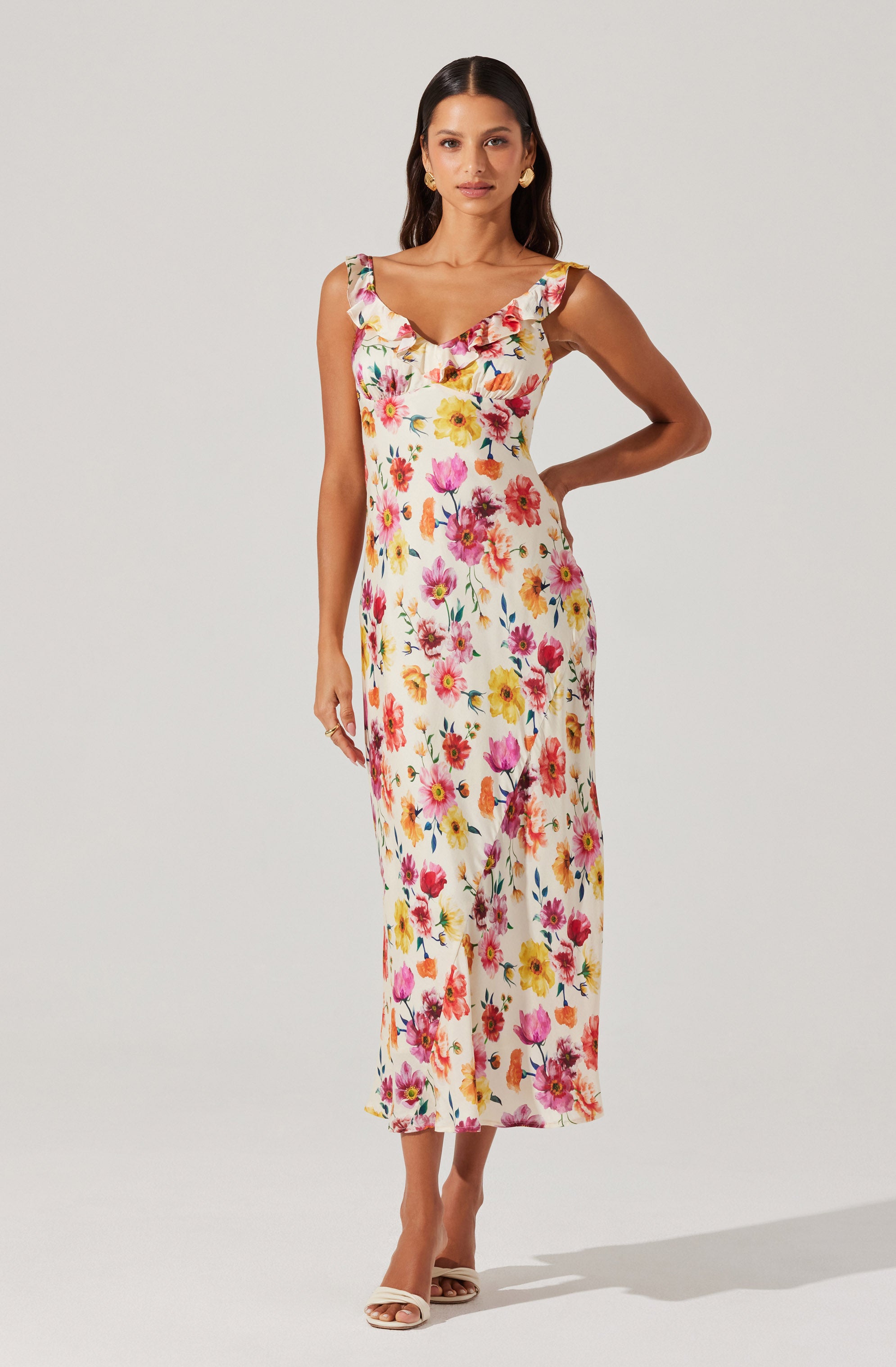 Zoie Floral Satin Ruffle Dress for Women - Elegant Party & Wedding Guest Dress - Perfect for Cocktail Parties, Bridal Showers & Special Occasions