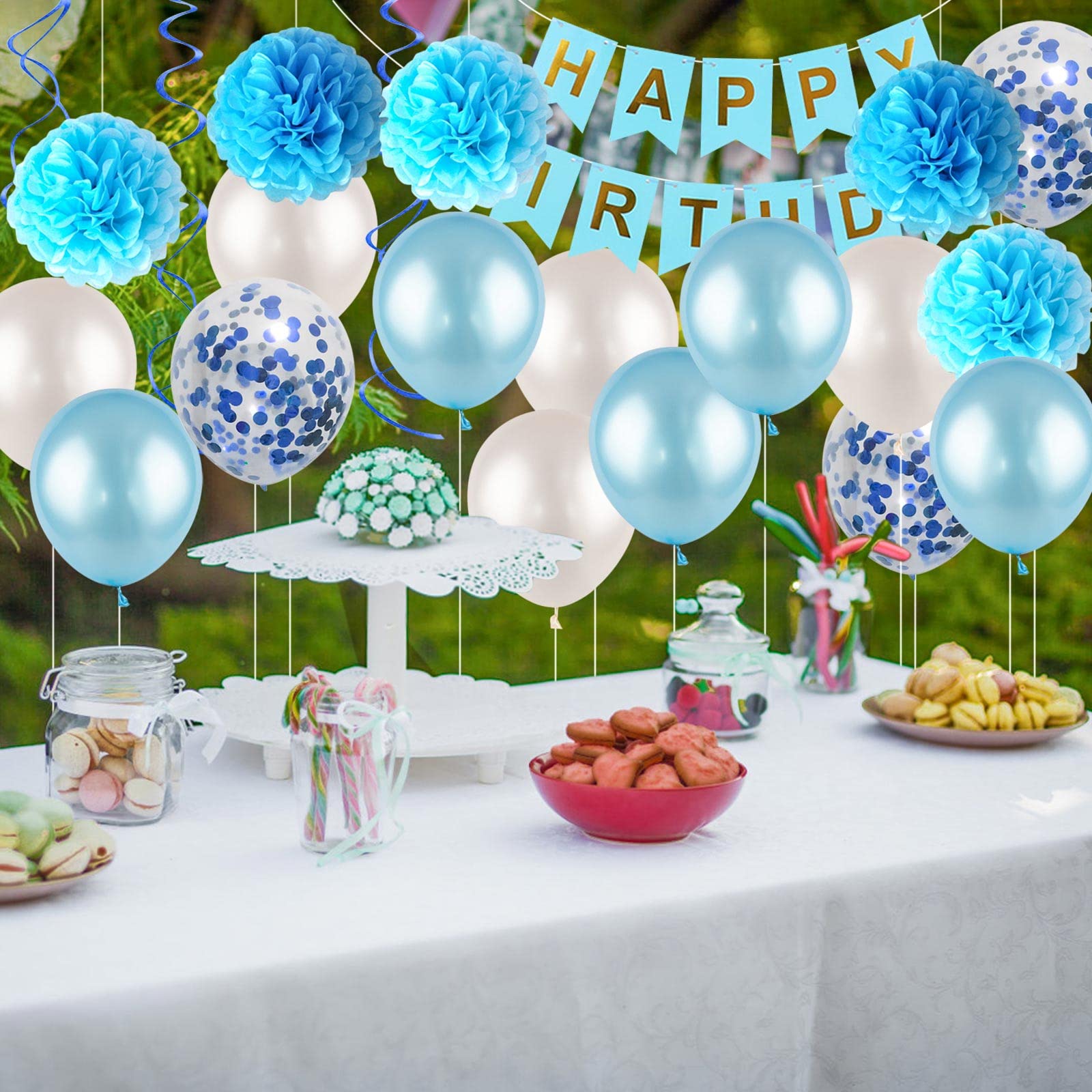 Blue and White Birthday Party Decoration Kit - Happy Birthday Banner, Spiral Charm, Paper Flower Ball, Latex Balloons & Confetti Balloons for Boys Birthday Party Supplies | Perfect for Indoor/Outdoor Birthday Celebrations, Baby Showers & Special Events