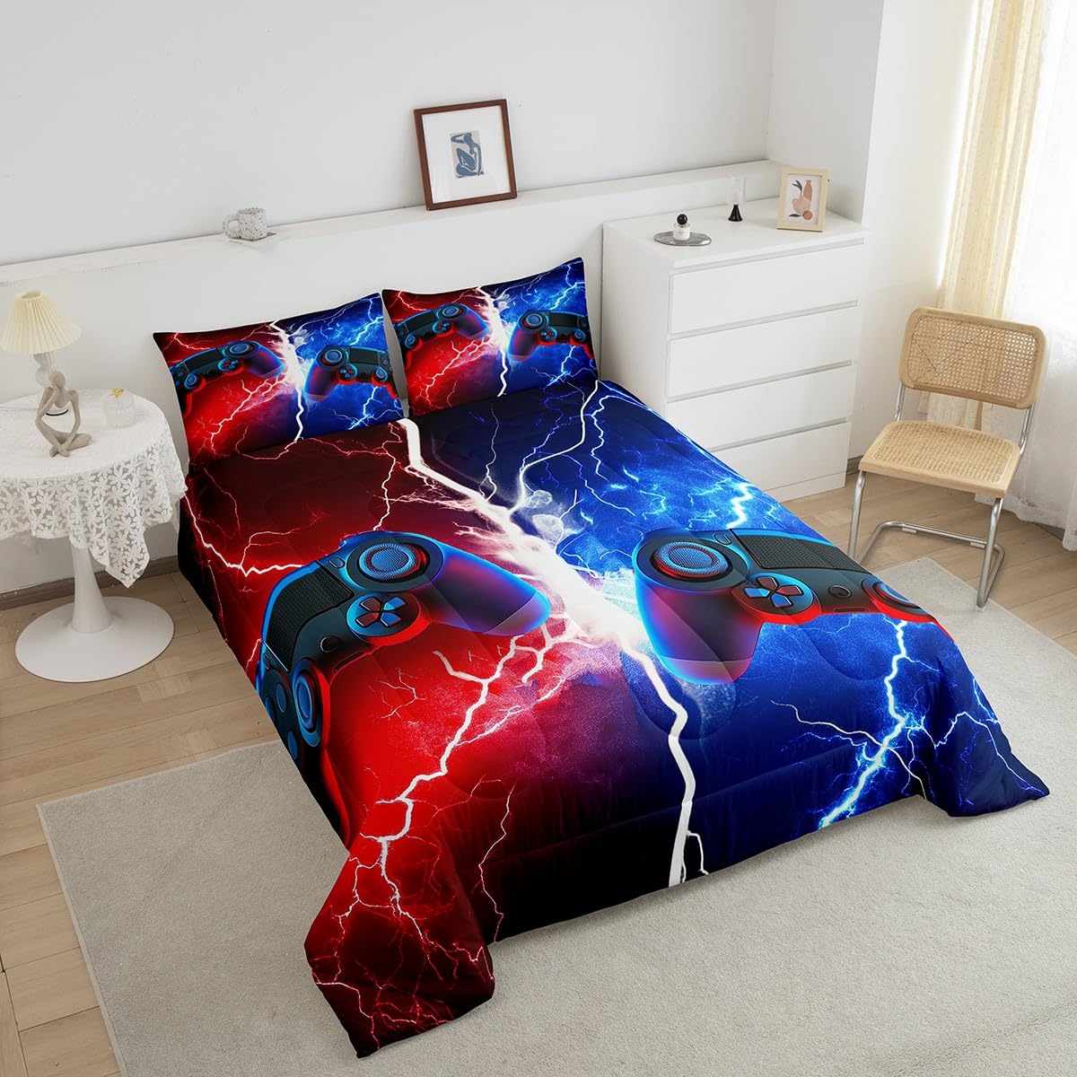 Erosebridal Queen Gaming Bedding Set for Boys - Red & Blue Gamer Comforter Set with Toddler & Kids Bedding - Perfect for Teen Bedrooms, Gaming Rooms & Sleepovers