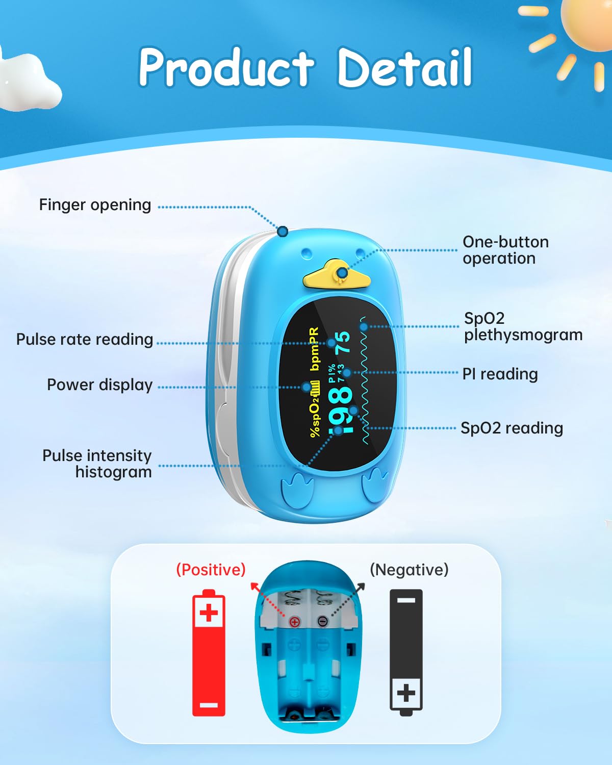 **Kids Fingertip Pulse Oximeter - Portable Blood Oxygen Saturation Monitor for Children with OLED Display & 2 AAA Batteries - Ideal for Home, Travel, and Sports Activities**