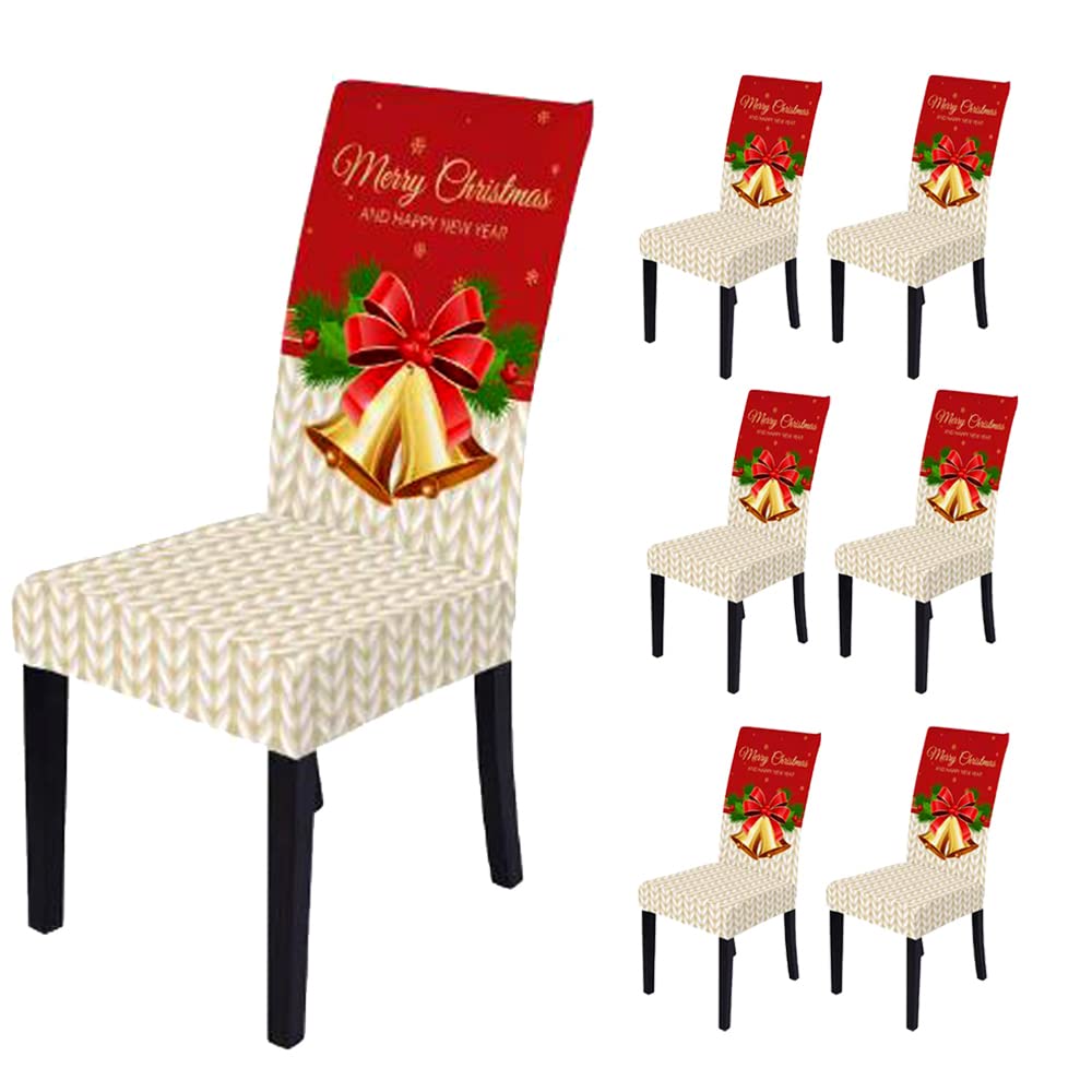 Bnitoam 6-Piece Stretch Christmas Dining Chair Covers - Printed Parsons Chair Slipcovers, Beige Bell Design Seat Protectors for Holiday Decorations, Parties, Kitchen & Dining Room | Perfect for Christmas Dinners, Family Gatherings & Festive Home Decor