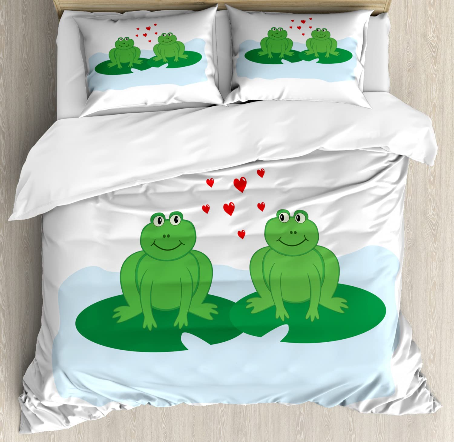 Ambesonne Romantic Frogs on Lake Leaves Cartoon Duvet Cover Set - 2 King Size Duvet Covers & 4 Pillowcases, White & Pale Blue - Perfect for Couples Bedroom Decor, Kids Room or Gift Idea