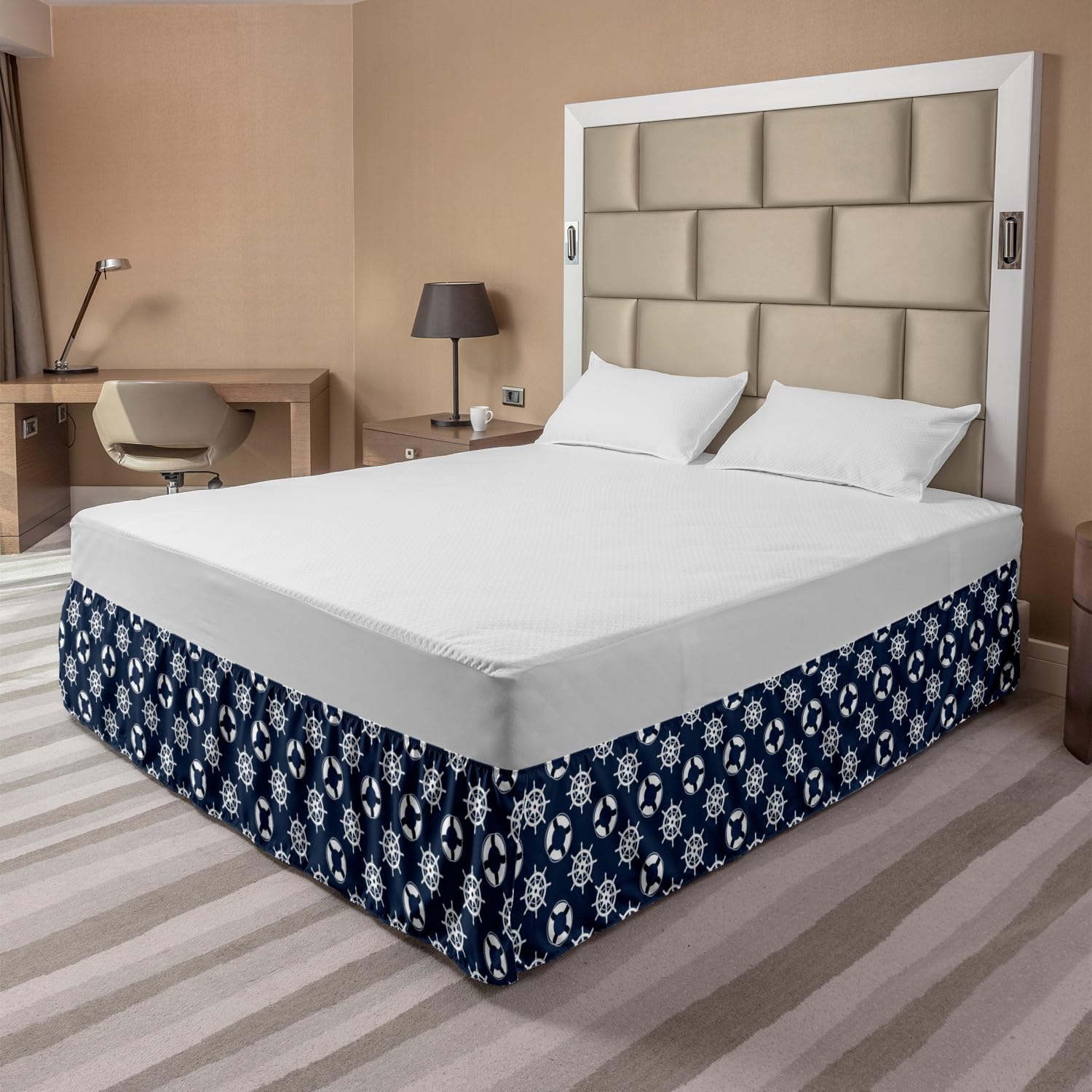Ambesonne Nautical Blue Bed Skirt - King Size Elastic Dust Ruffle Wrap Around with Summer Marine Anchor & Wheel Design - Blue and White Striped Bedding Decor for Coastal or Beach Themed Bedrooms