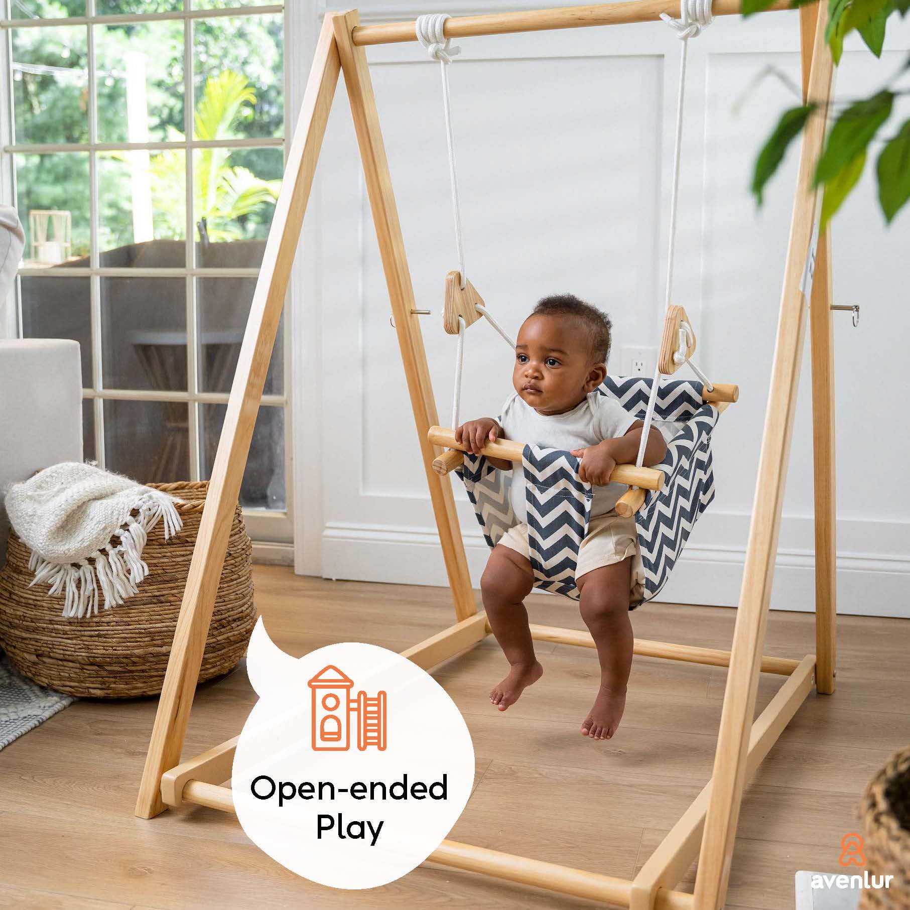 Avenlur Spruce Baby Swing with Stand - Foldable Toddler Swing with Safety Belt & Soft Pillow - Indoor/Outdoor Free Standing Swing for Kids 6 Months to 3 Years - Montessori Waldorf Style Swing for Playroom, Backyard & Nursery