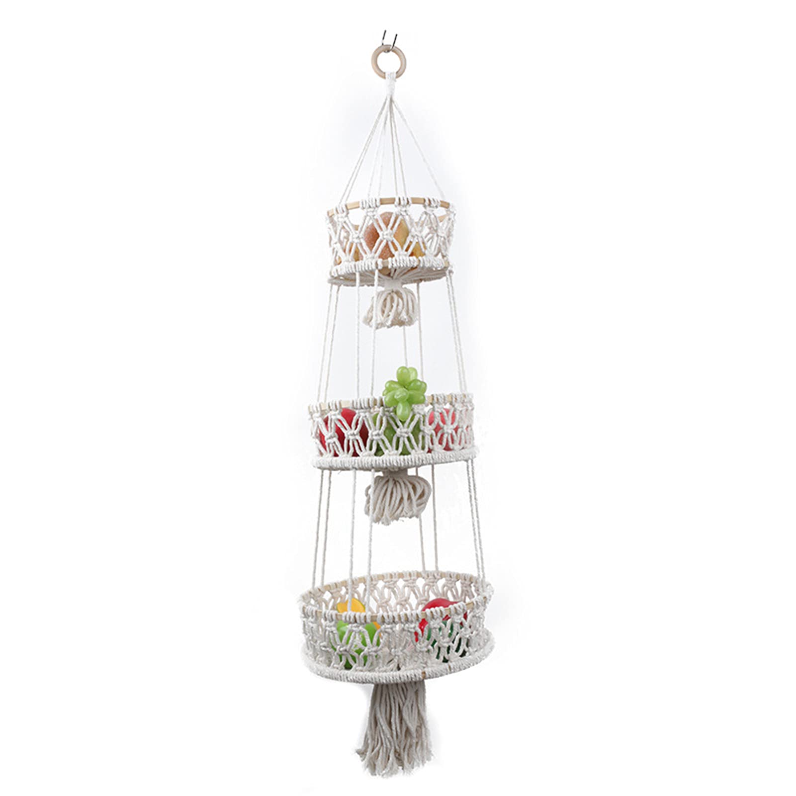 3-Tier Hanging Basket for Kitchen Storage - Boho Decor Hanging Fruit & Produce Basket - Indoor Planter Hanger for Plants, Fruits & Vegetables - Perfect for Small Space Kitchen Organization & Home Decor