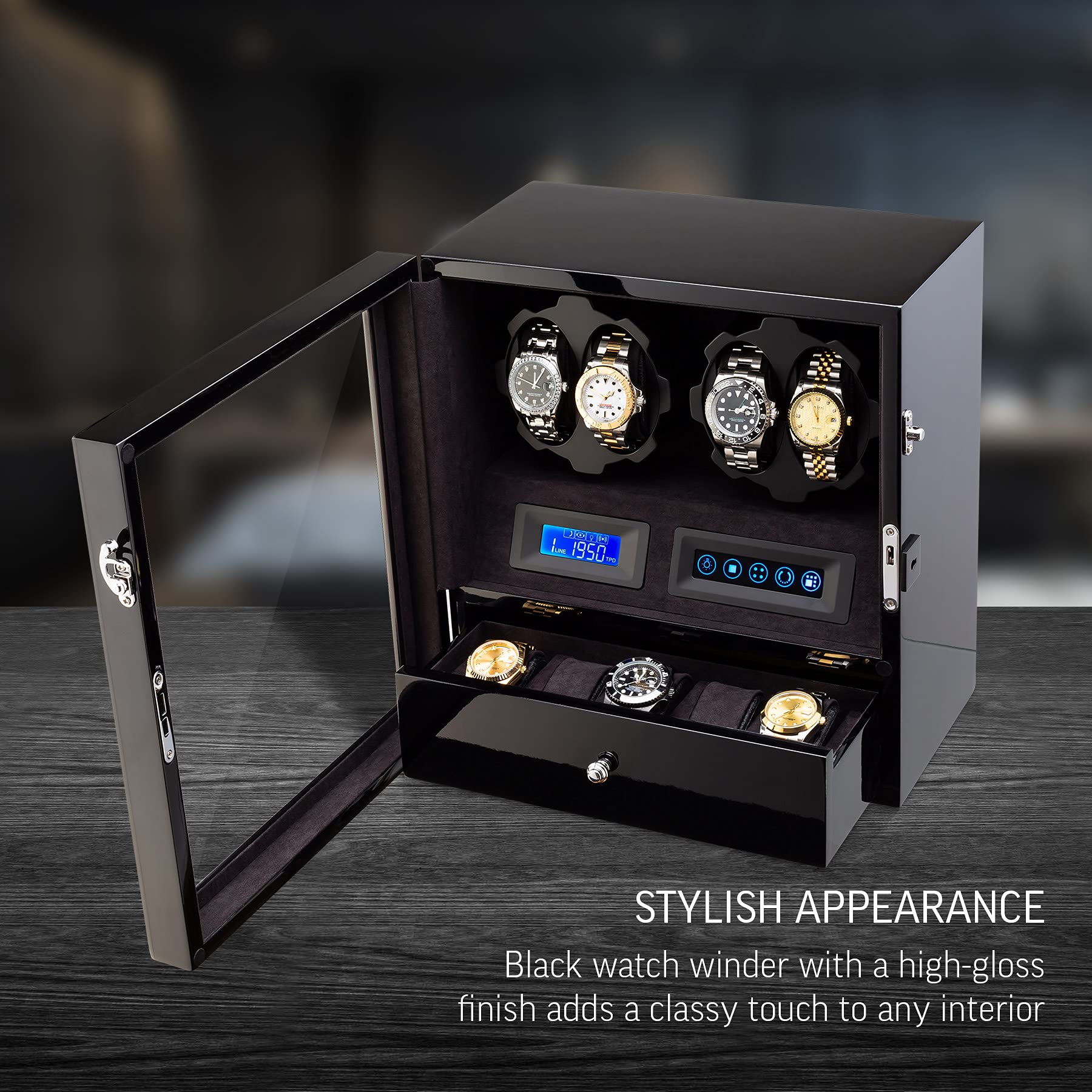 4 Watch Winder with 5 Watch Storage Space - LCD Display, Touch Control & LED Interior Light | Automatic Watch Winder for Men & Women | Perfect for Watch Collectors, Display Cases & Nightstands