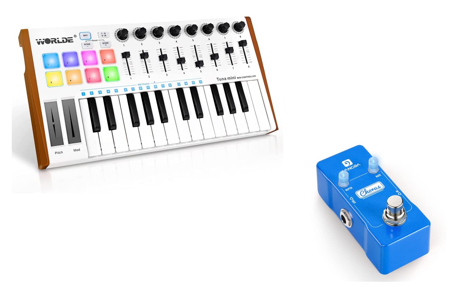 Vangoa Worlde Tuna Mini MIDI Keyboard Controller Bundle with Chorus Guitar Effect Pedal - Perfect for Home Studio Recording, Live Performances & Music Production