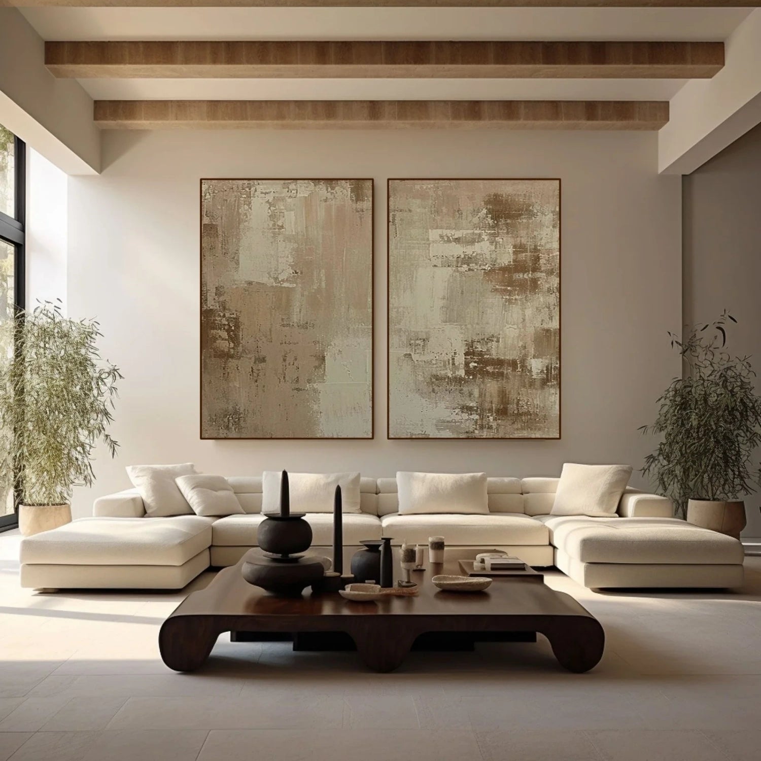 Abstract Beige & Brown Wall Art Set of 2 Paintings - Modern Home Decor for Living Room, Bedroom & Office #BB139