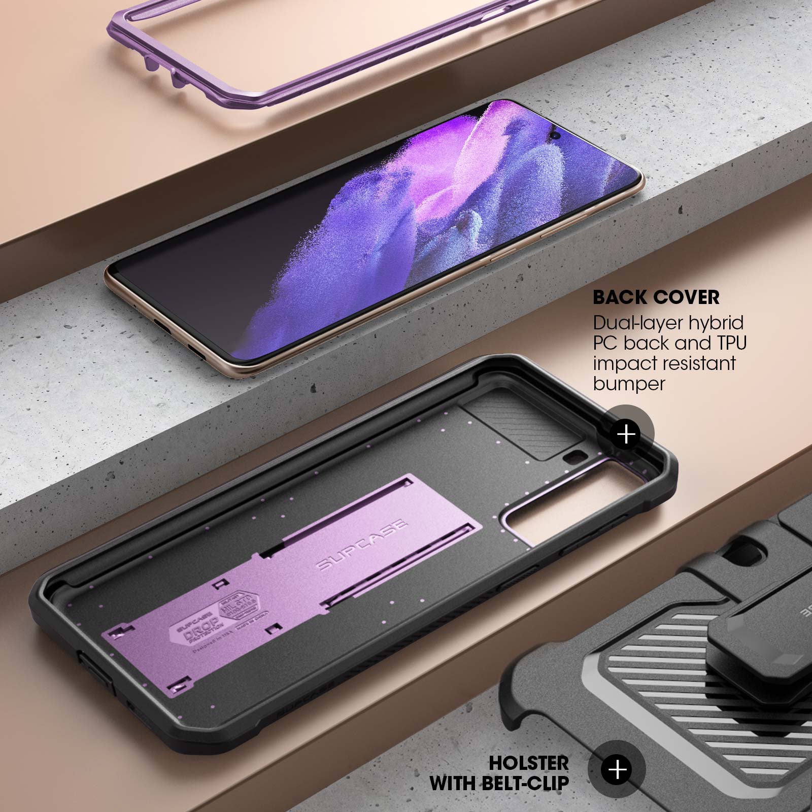 Samsung Galaxy S21 Unicorn Beetle Pro Rugged Case - Shockproof Protective Cover with Built-in Screen Protector, Metallic Purple - Perfect for Outdoor Activities, Construction Work & Extreme Sports