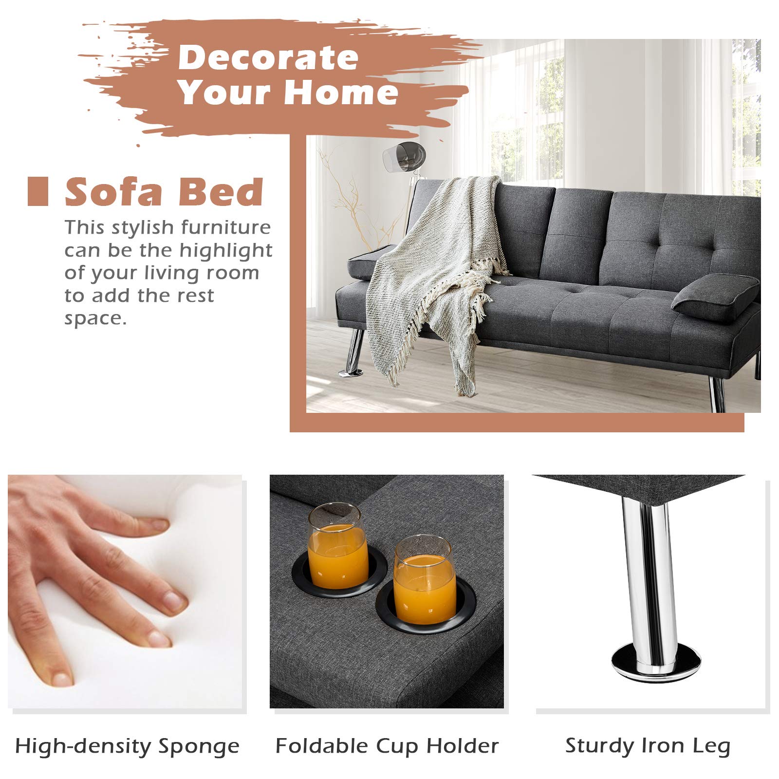 POWERSTONE Modern Convertible Futon Sofa Bed - 66