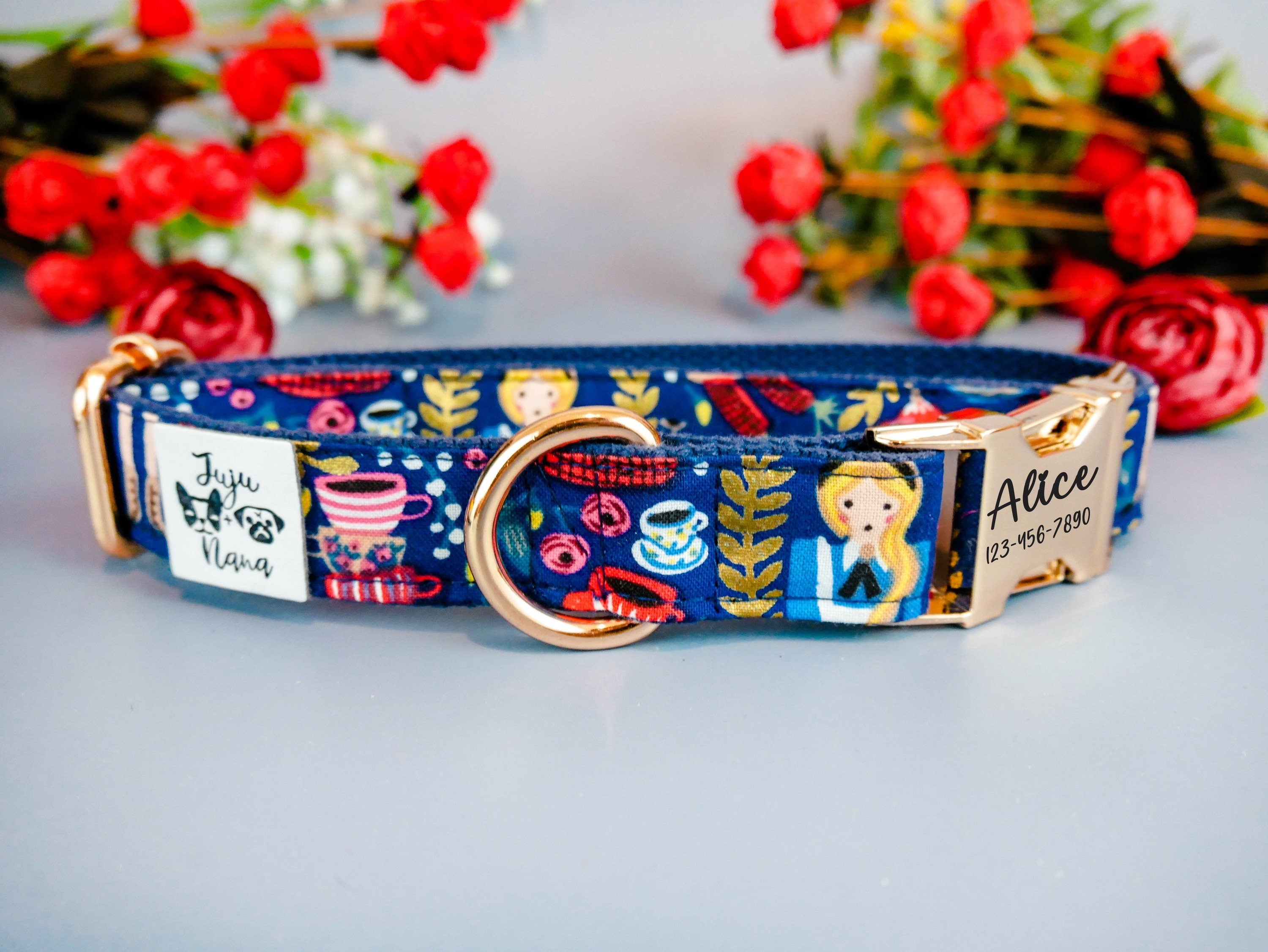 Rifle Paper Co Engraved Buckle Dog Collar - Alice in Wonderland Inspired Pet Accessory for Small & Medium Dogs - Perfect for Daily Walks, Pet Photos & Special Occasions