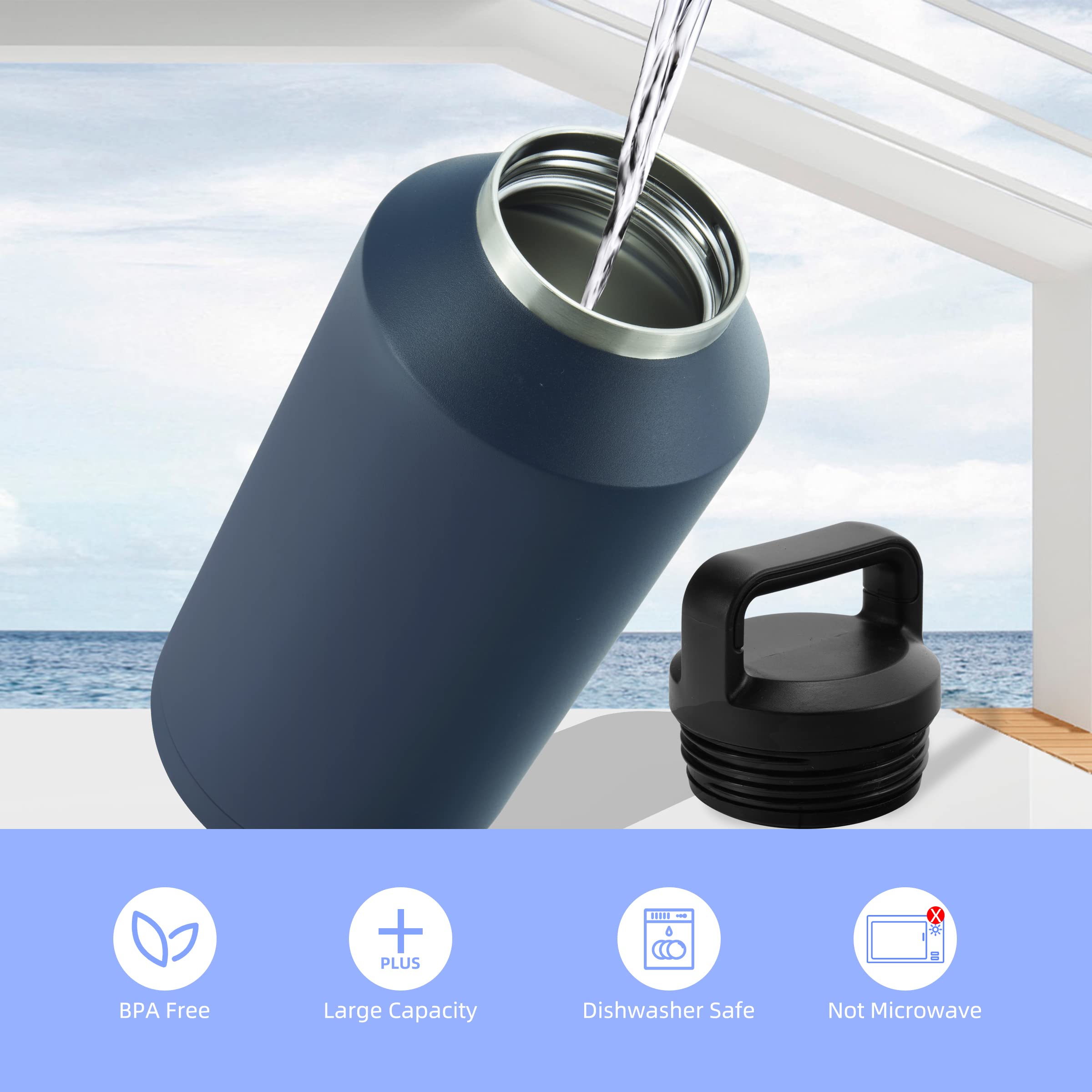 **BJPKPK 64 oz Half Gallon Insulated Stainless Steel Water Bottle - Leakproof, BPA Free, Dishwasher Safe with Handle - Large Thermos for Sports, Gym, Hiking & Outdoor Activities - Navy Blue**