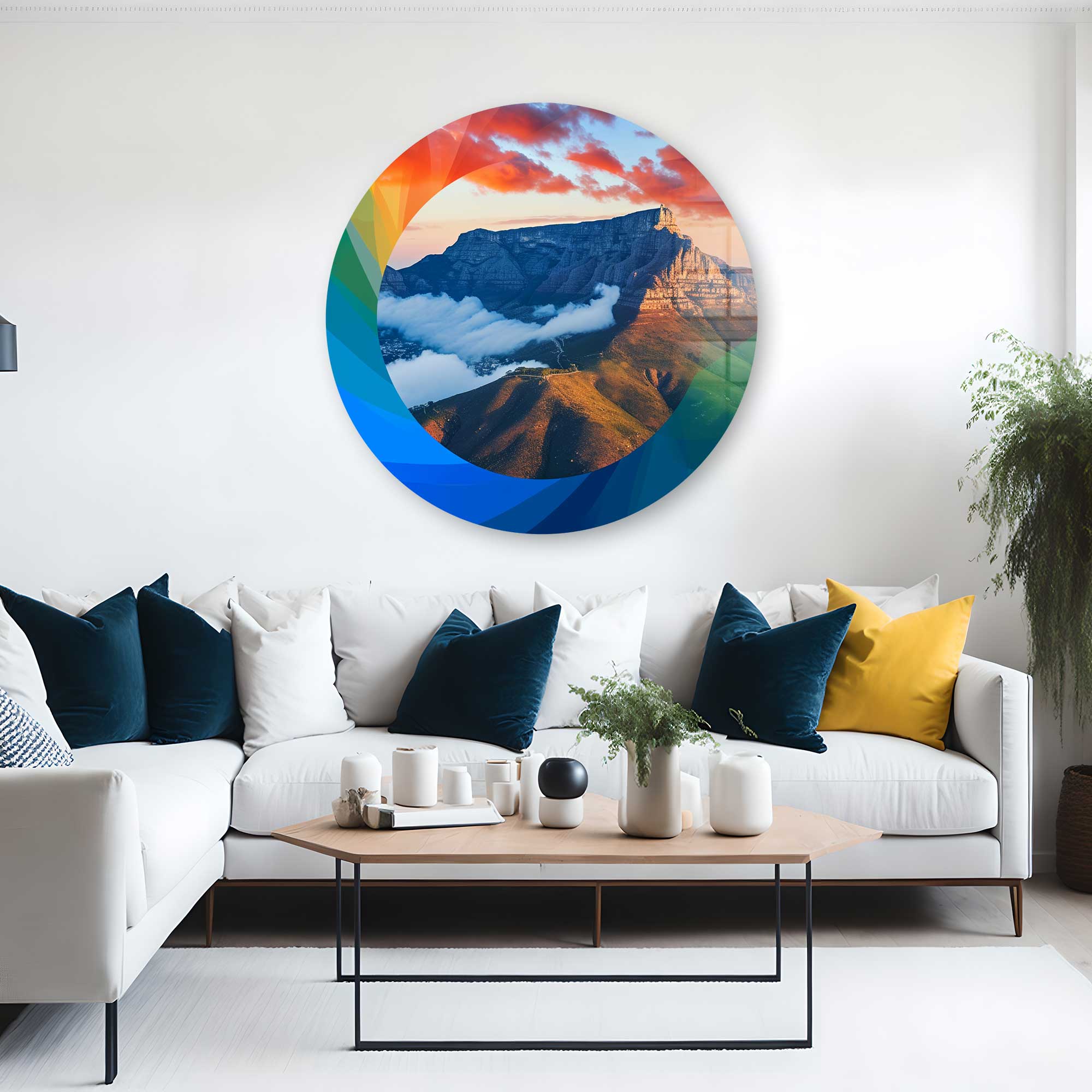 Vibrant Colorful Mountains Rounded Glass Wall Art - Modern Home Decor for Living Room, Bedroom & Office
