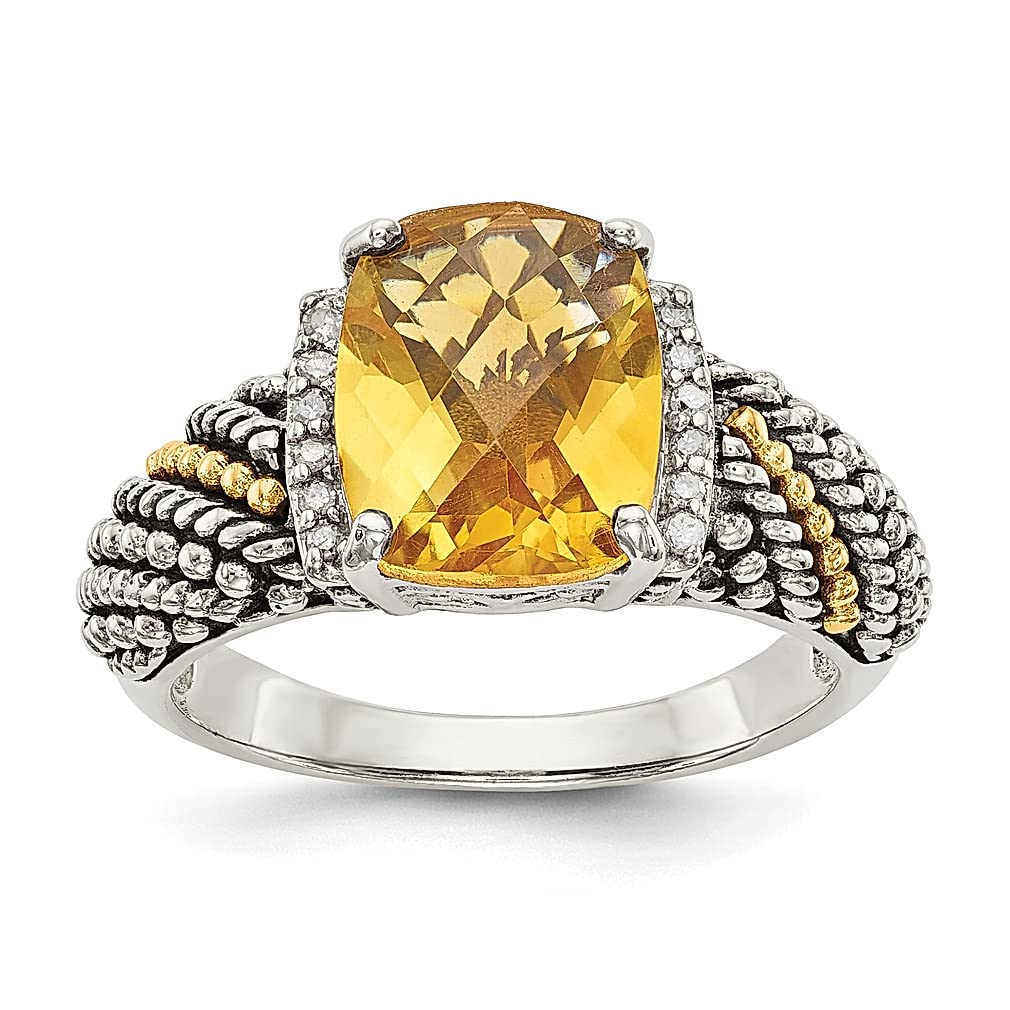 Shey Couture 925 Sterling Silver 14k Gold Accented Diamond Checkerboard Cushion Yellow Citrine Gemstone Ring for Women | Elegant Fine Jewelry Gift for Her | Perfect for Anniversaries, Birthdays & Special Occasions