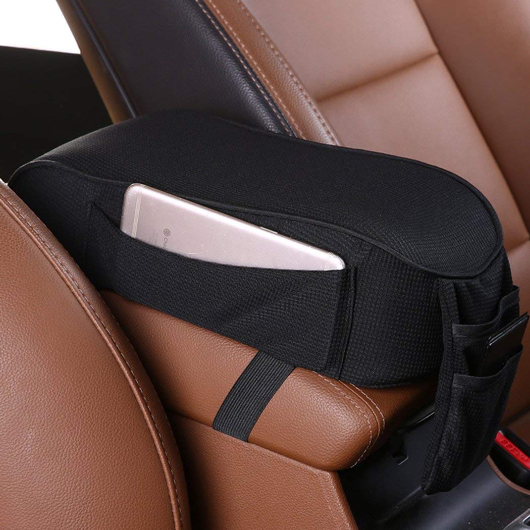 EGBANG Memory Foam Car Armrest Cushion with Phone Holder & Storage Pockets - Universal Fit for Most Vehicles - Comfortable Center Console Pillow for Long Drives (Black) - Perfect for Road Trips, Commuting & Daily Driving Comfort